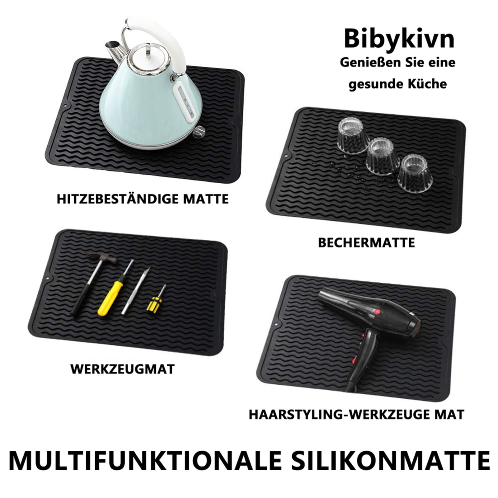 Tappetino scolapiatti in Silicone - 40 x 30 cm Grande Tappetino Antiscivolo scolapiatti, Senza BPA, Tappetino scolapiatti Arrotolabile con Spazzola per la Pulizia in Spugna