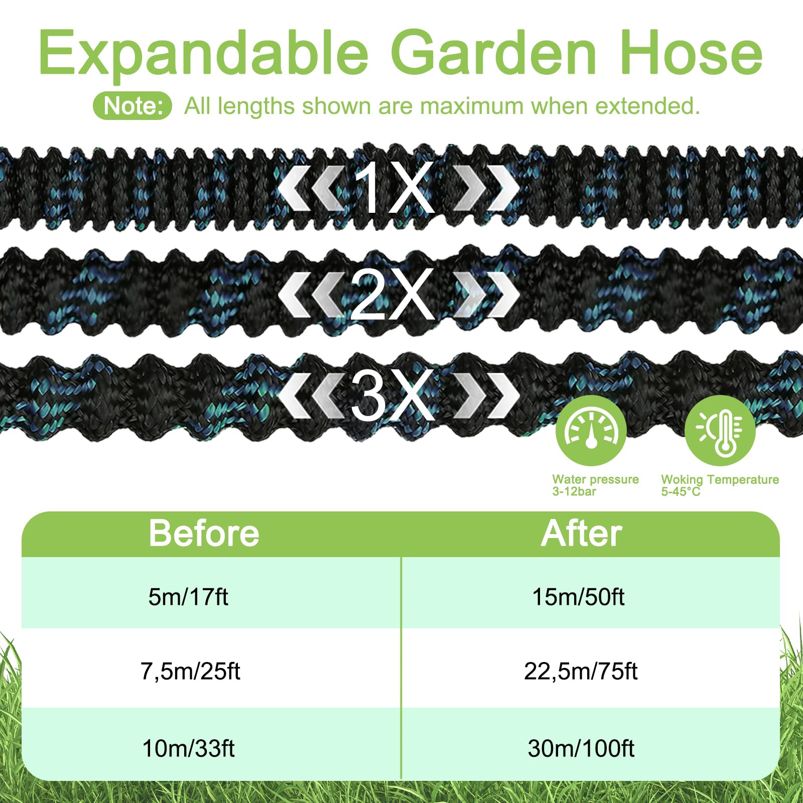 Tuyau Arrosage Extensible 15M/50ft, 10 Modes d'Arrosage, avec 1/2" et 3/4" Adaptateurs, Latex Triple Épaisseur Durable avec Raccords et Sac, pour Jardin, Arrosage, Nettoyage (15M/50ft)