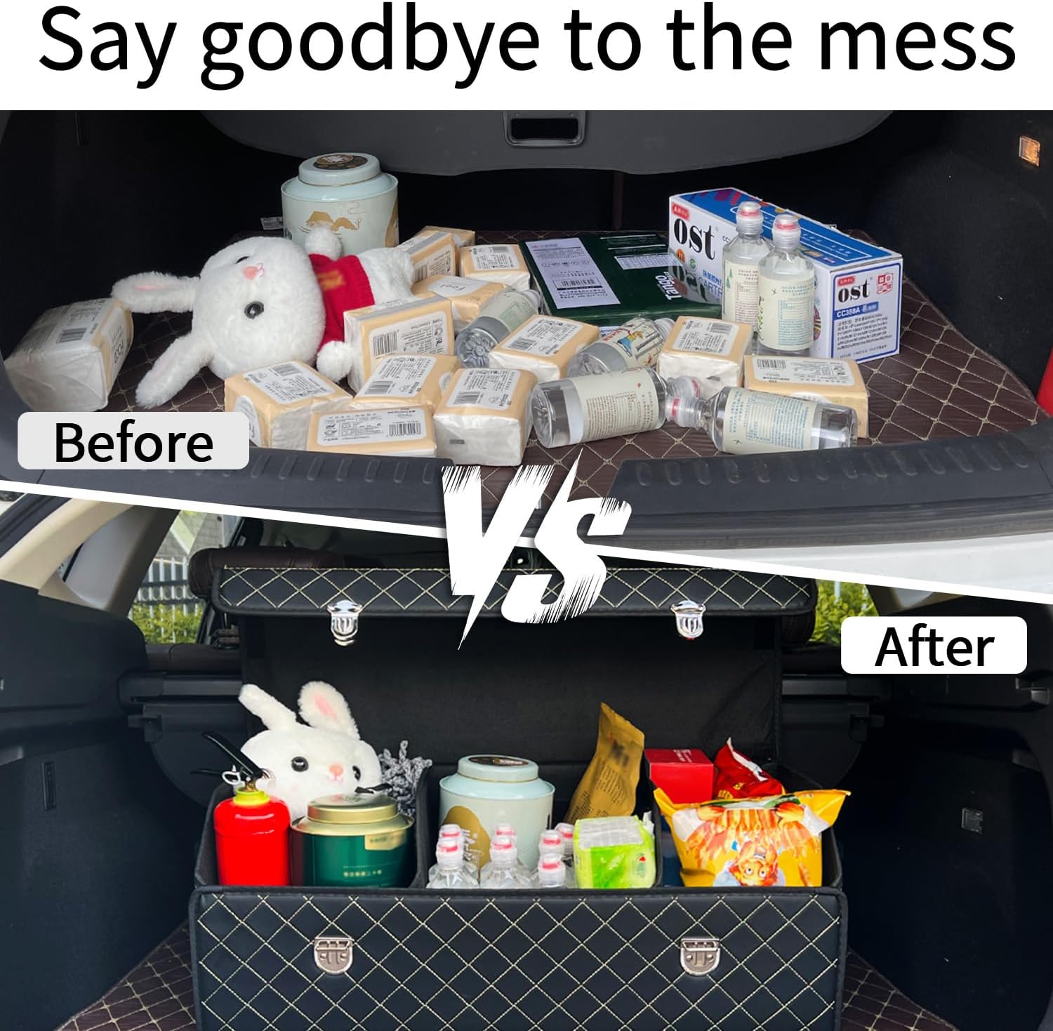 Car Trunk Organizer with Lid,Foldable Faux Leather Cargo Storage Box,3 Compartments,Collapsible Multi-Functional for SUV,Sedan,Vehicle Trunk