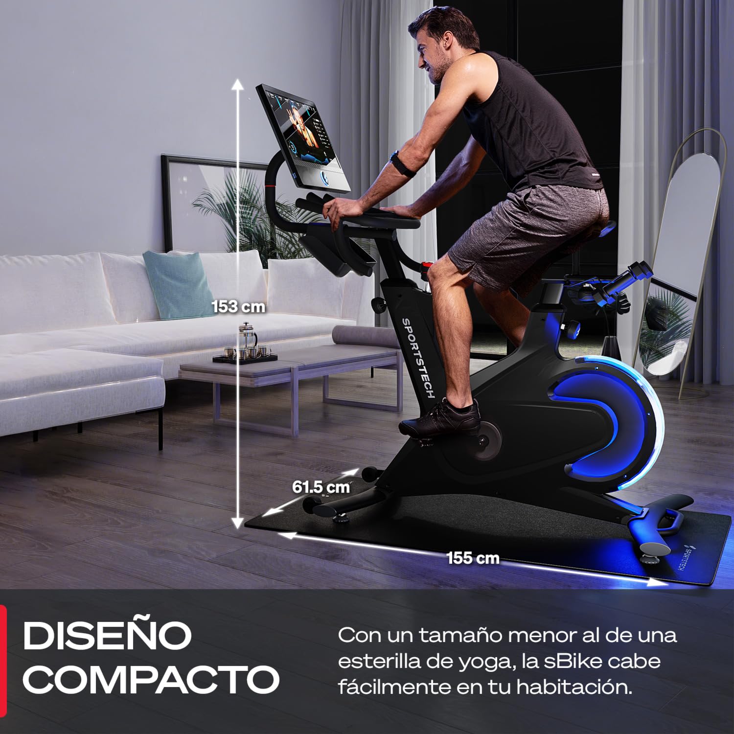 Sportstech - sBike Bicicleta Estatica, Interior Bicicleta Spinning, Bici Estatica con Pantalla Táctil de 21,5", Bicicleta Estática con Tecnología LED Para Entrenamientos de Cuerpo Entero