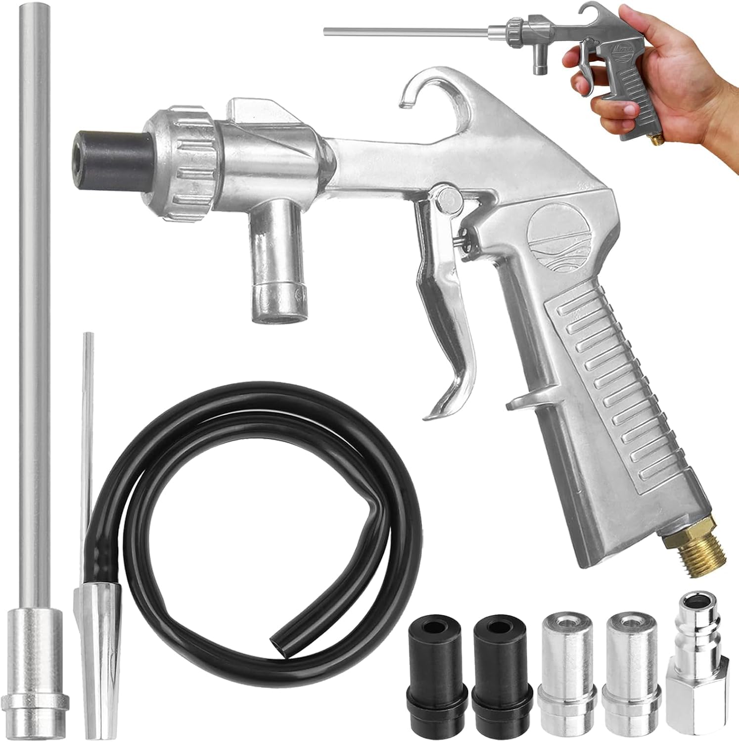 Sandstrahlpistole Druckluft Set, Langer Sandstrahldüse und Metalldüsen von 5MM/6MM Kaliber, mit Siphon-Zufuhr, Düse, Entfettungsmittel und Schleifmittel, geeignet für Sandstrahlgeräte