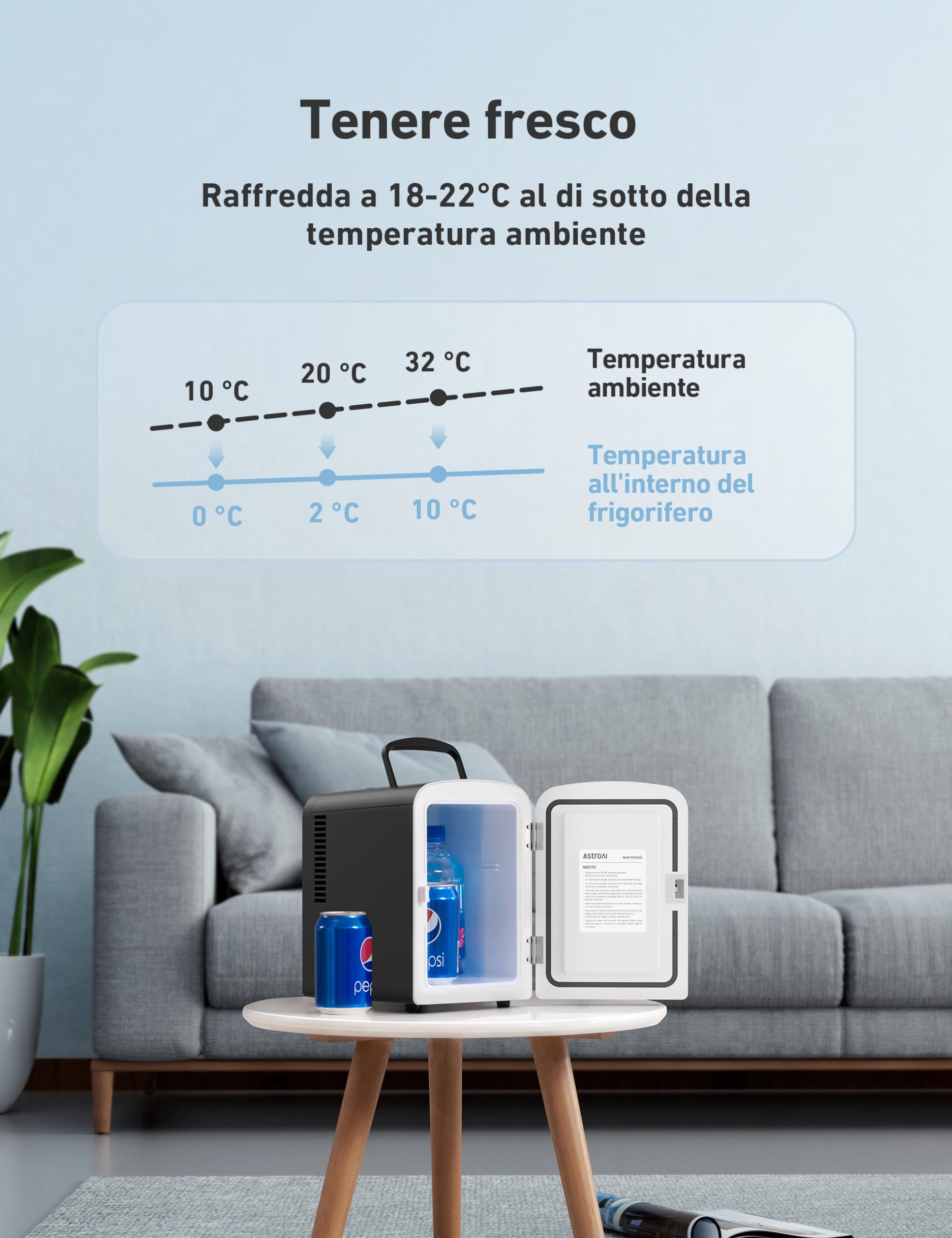 AstroAI Mini frigo 4 litri / 6 lattine Sistema di raffreddamento e riscaldamento portatile alimentato CA/CC per auto, case, uffici e dormitori (Nero)