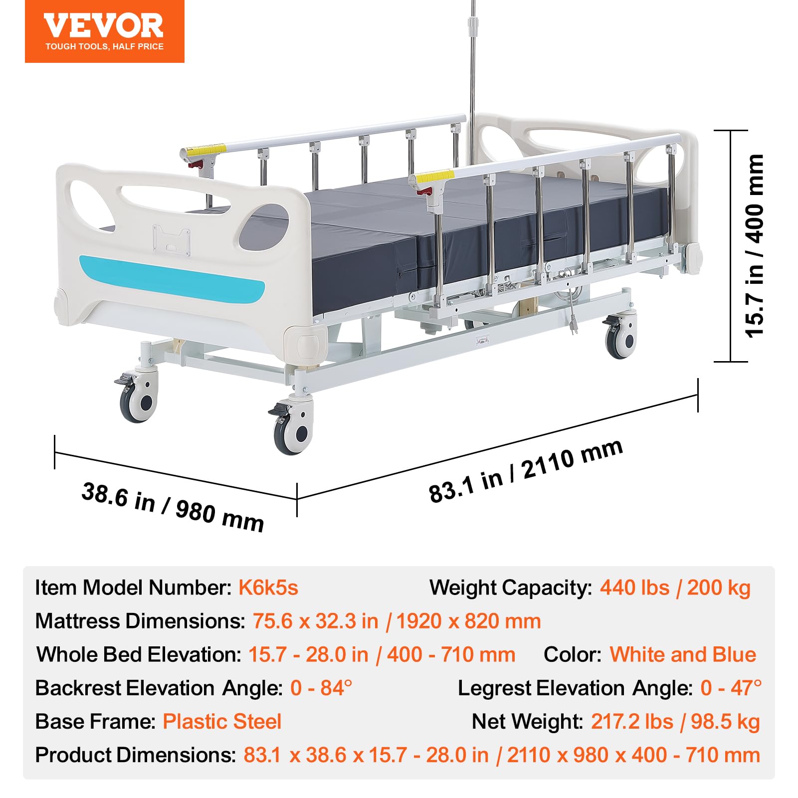 VEVOR Letto Ospedaliero Elettrico, Letto Medico per Terapia Intensiva con 3 Funzioni, Portata max. ca. 200 kg, con Materasso, Asta Portaflebo, Controllo Portatile, Rotelle Bloccabili Uso Domestico