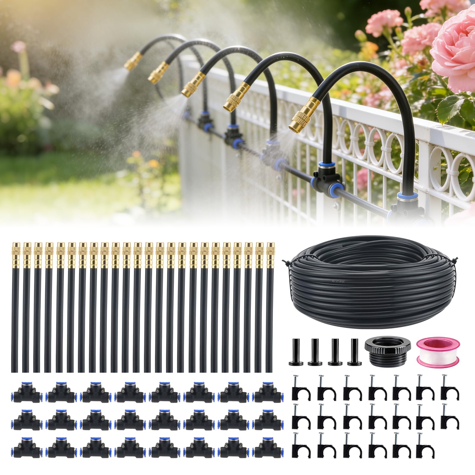 Kit sistema riego jardín 30 m, riego por goteo con 24 boquillas pulverizadoras, riego 360° alrededor, ajuste preciso de niebla de agua, sistema riego para huerto, invernadero, balcón, jardín