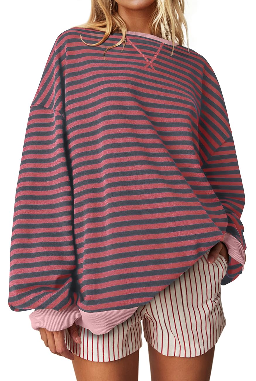 UEU Women Oversized Striped Crewneck Sweatshirt Long Sleeve Color Block Pullover Tops Casual Loose Workout Shirt, Restredgrayt Striped, Large