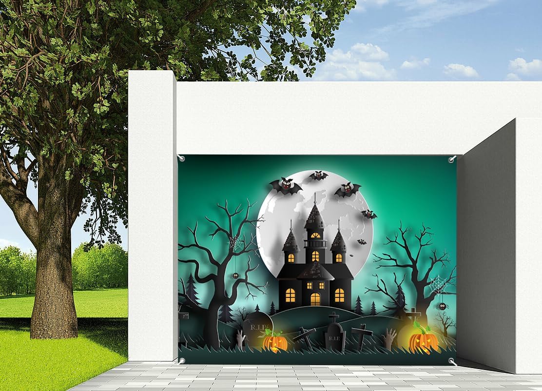 7x8ft Haunted Halloween Castle Garage Door Decor Giant Full Moon Bat Ensemble Gothic Mansion Gravestones Garage Door Cover for Seasonal Horror Themed Backdrop Decor