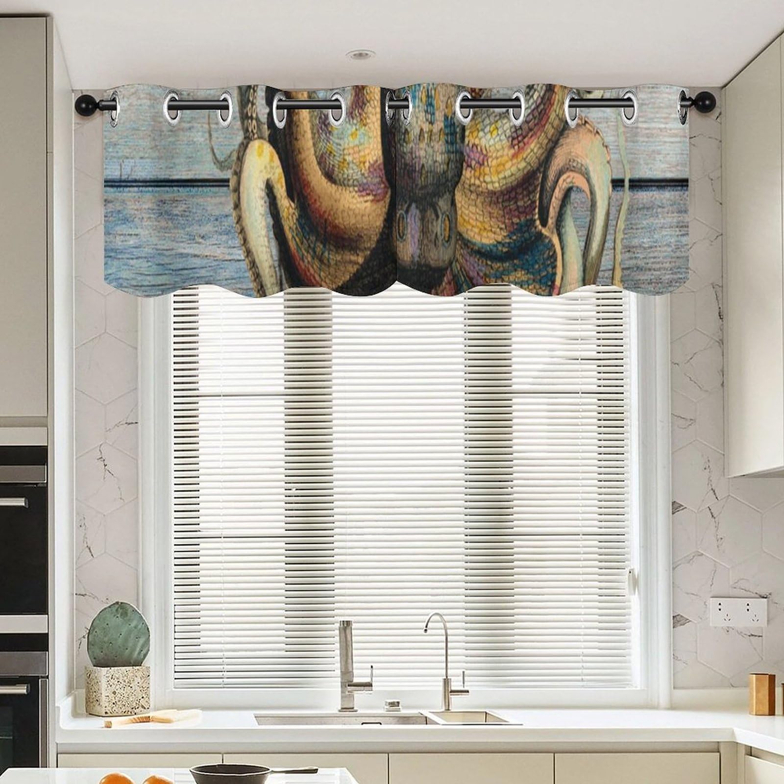 Rideaux de cantonnière occultant les vis-à-vis motif boussole pour fenêtres de cuisine