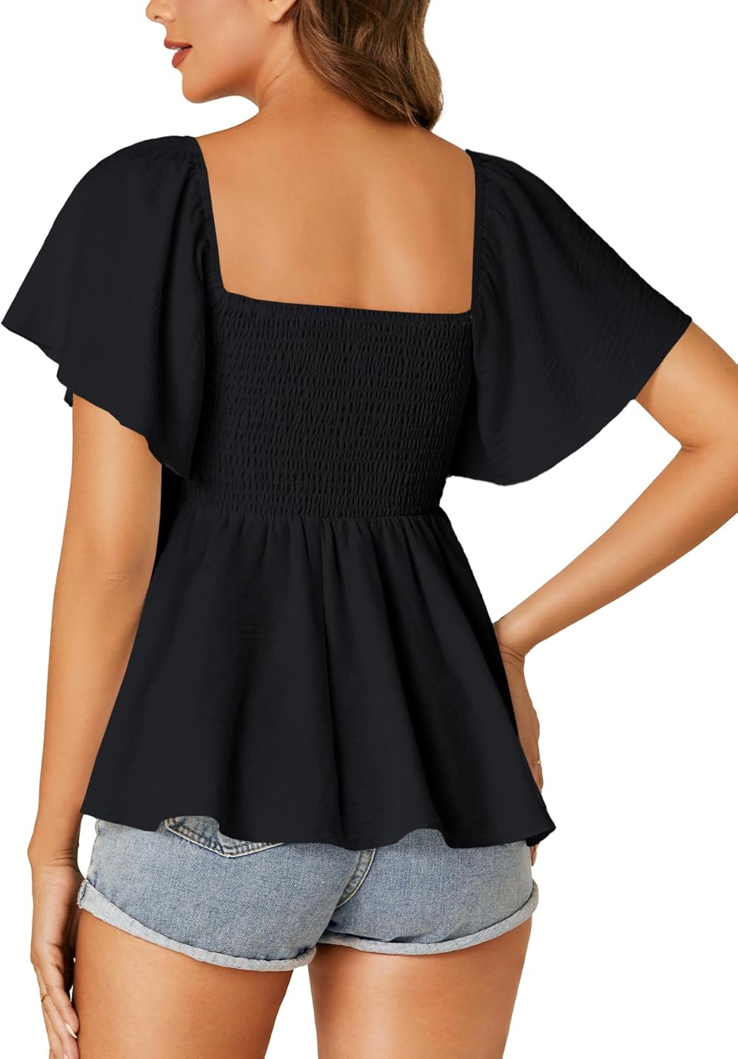 LYANER Women's Square Neck Smocked Peplum Top Ruffle Short Sleeve Shirred Babydoll Blouse - Image 5