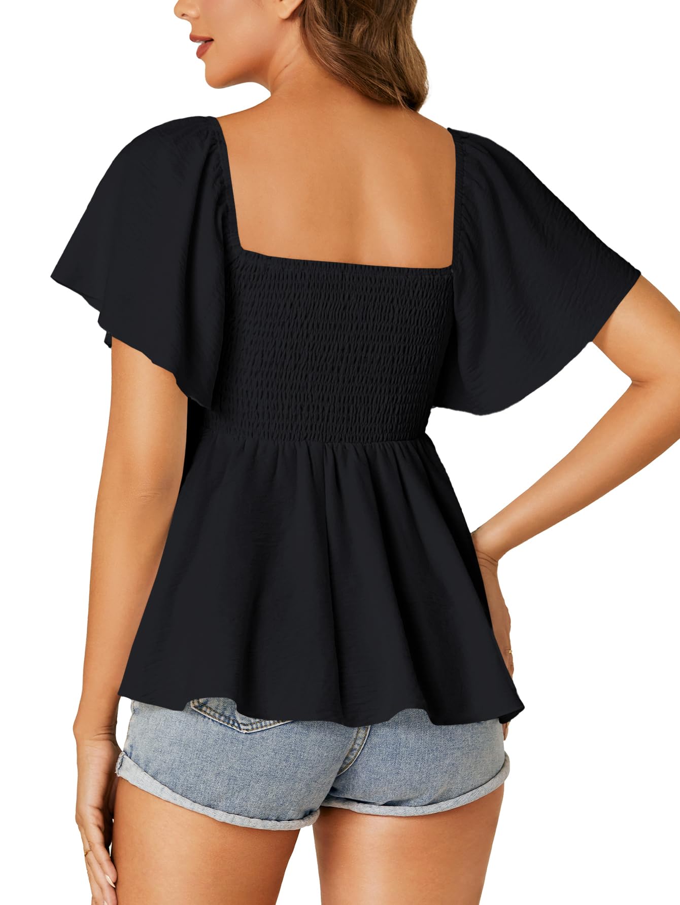 LYANER Camicetta Babydoll arricciata a maniche corte con volant e punto smock da donna con scollo quadrato