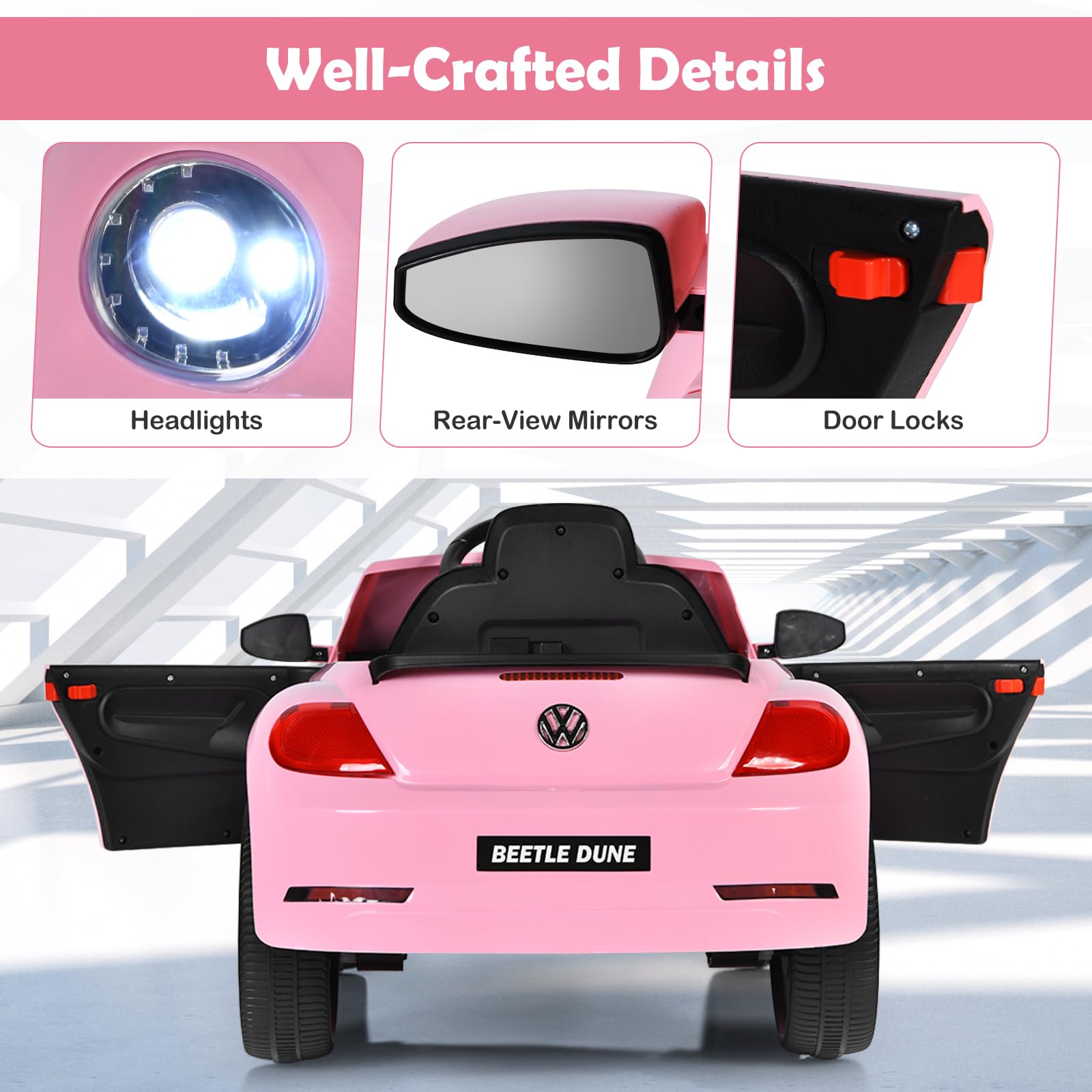 SOARS Macchina Elettrica per Bambini Volkswagen Beetle Maggiolino 12V con Telecomando, Auto Elettrico a Pedale, Veicoli con Musica, Fari LED e Clacson, 3-5km/h, Carico 30 kg, 3-8 Anni (Rosa)