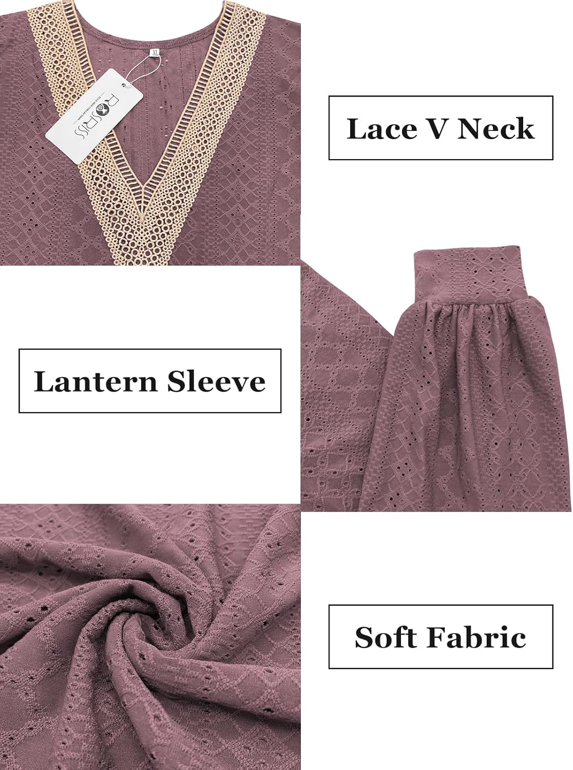 ROSRISS Womens-Plus-Size-Tops Lace V Neck Shirts Casual Lantern Long Sleeve Tunics XL-5XL - Image 3