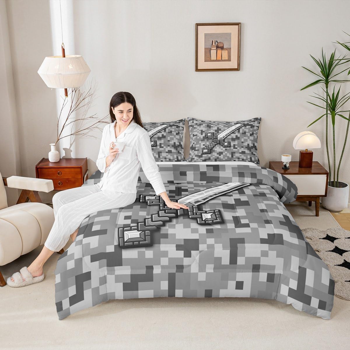 Castle Fairy Grey Pixel Style Comforter Set Twin Size,Geometric Miner Grid Bedding Sets 2Pcs for Kids Girls Boys Room Decor,Cool Sword Duvet Insert Video Games Quilted Duvet,1 Pillowcase image 5