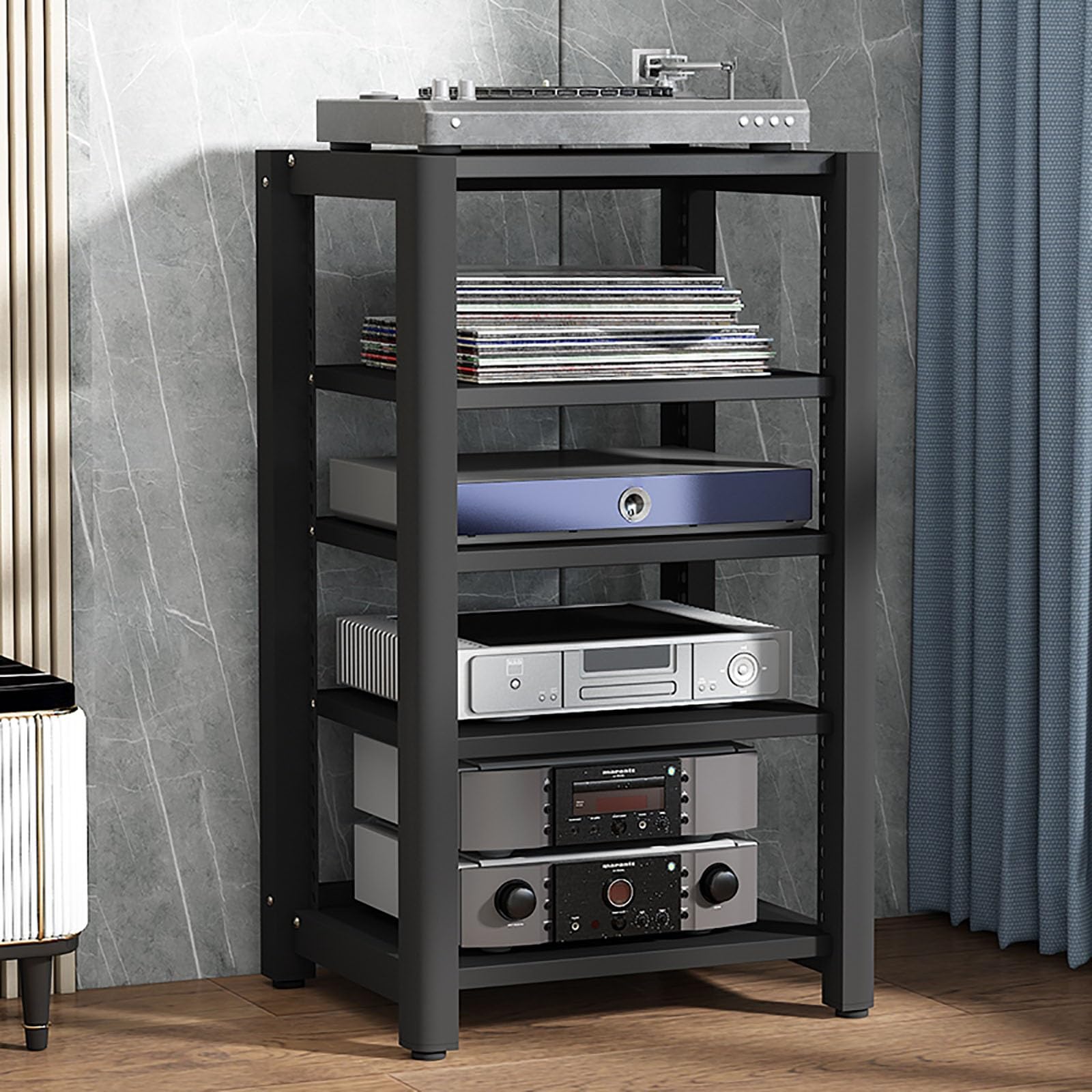 Supporto audio stereo, mensola da gioco, supporto giradischi, supporto multimediale AV, mensola angolare con ripiani in legno, display CD/DVD per proiettori, PS5 e lettori