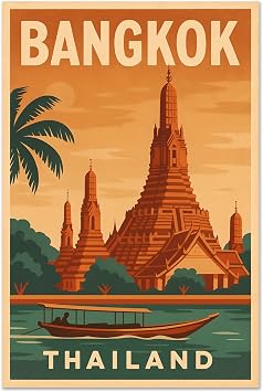 Aozomo Bangkok Thailand Vintage Travel Poster, Canvas Wall Art Print of Wat Arun Temple, Retro Thailand Print - Gift for Him, Her, Travel Lover Unframed,8x12in