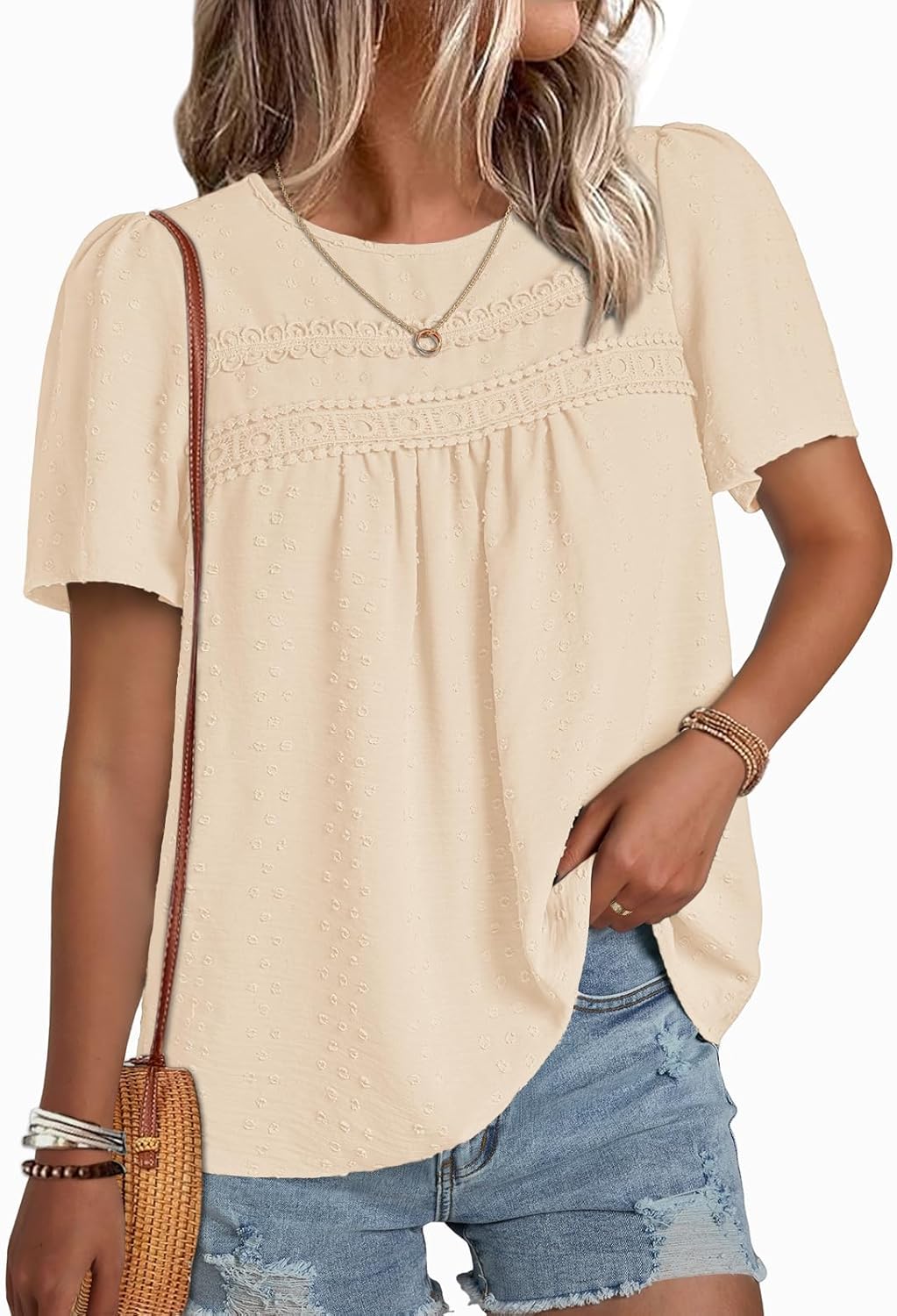 NORACORA Womens Short Sleeve Tops Summer Crewneck Shirts Casual Chiffon Blouses Flowy Lace Hem Boho 2026 Trendy Clothes