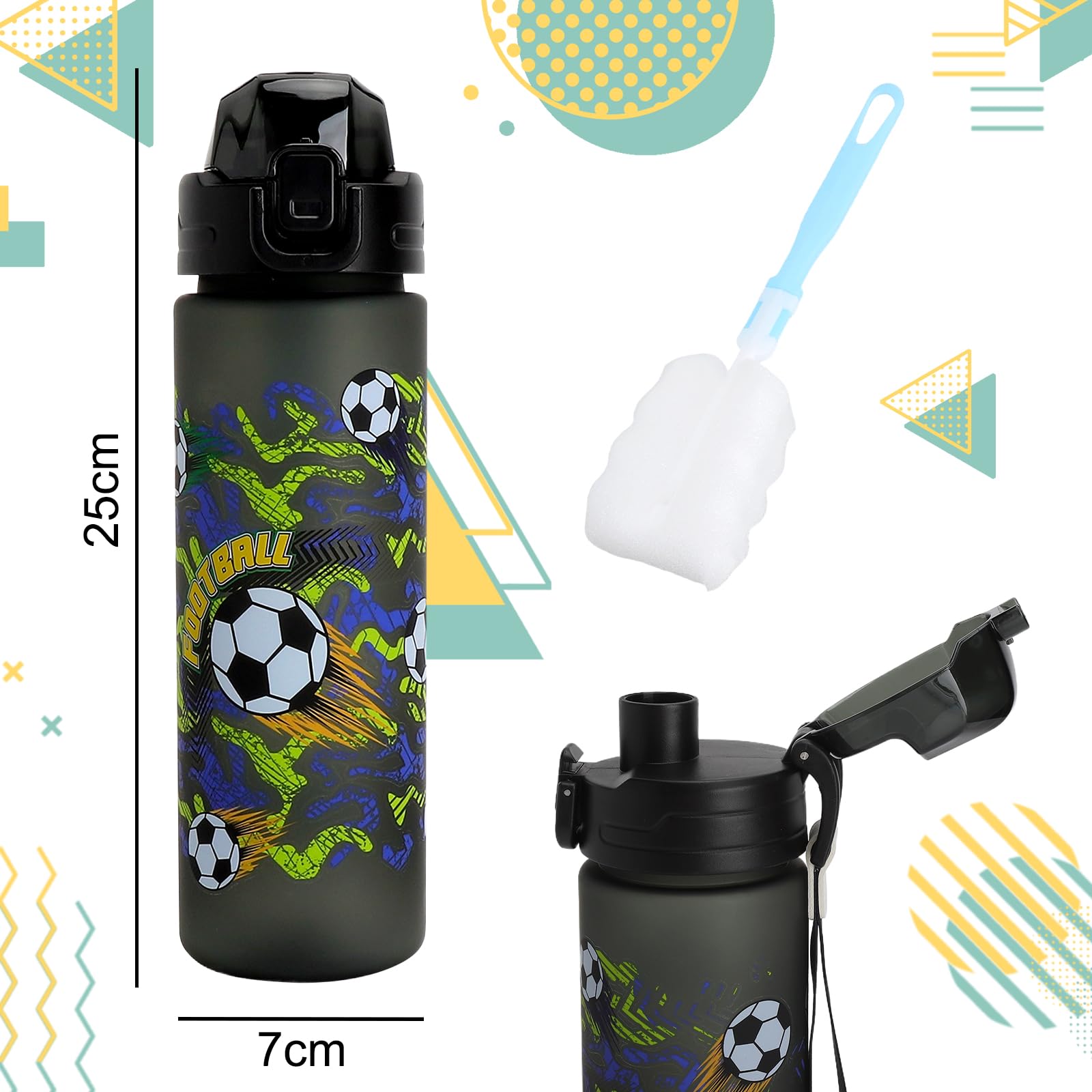 APOMOONS Butelka do picia dla dzieci, 700 ml, piłka nożna, nie zawiera BPA, szczelna, otwór One-Touch, nadaje się do mycia w zmywarce, nadaje się do szkoły i uprawiania sportu