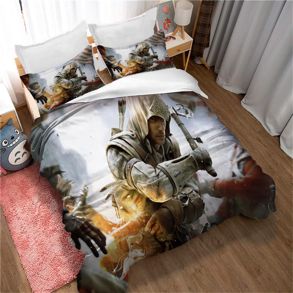 Assassin's Creed Duvet Cover Set Red Blue Includes 2 Pillowcases (135x200cm(Single),Assassin's Creed 07)