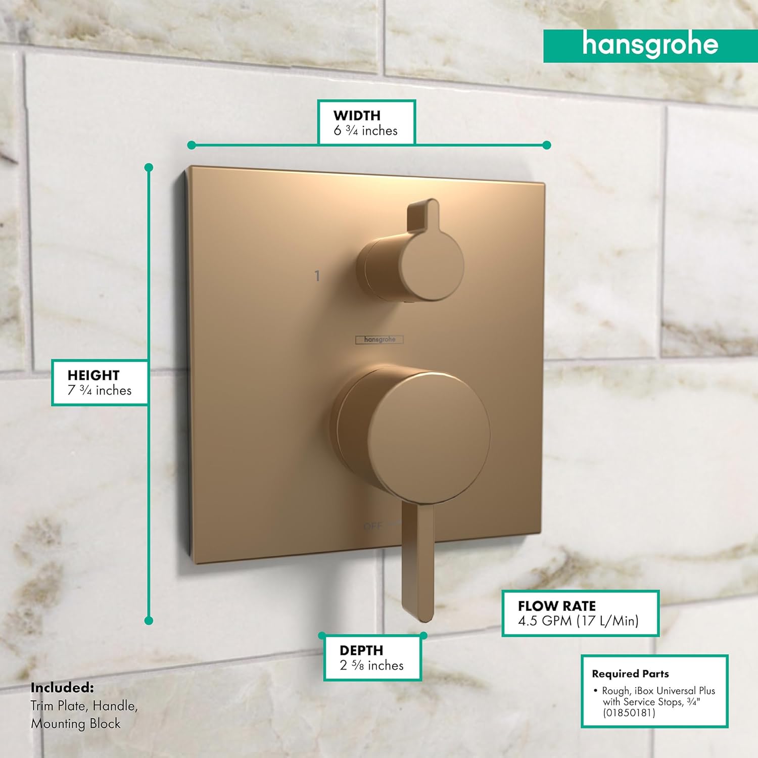 hansgrohe Ecostat Modern Pressure Balance Shower Valve Trim with Diverter in Brushed Bronze, 15862141
