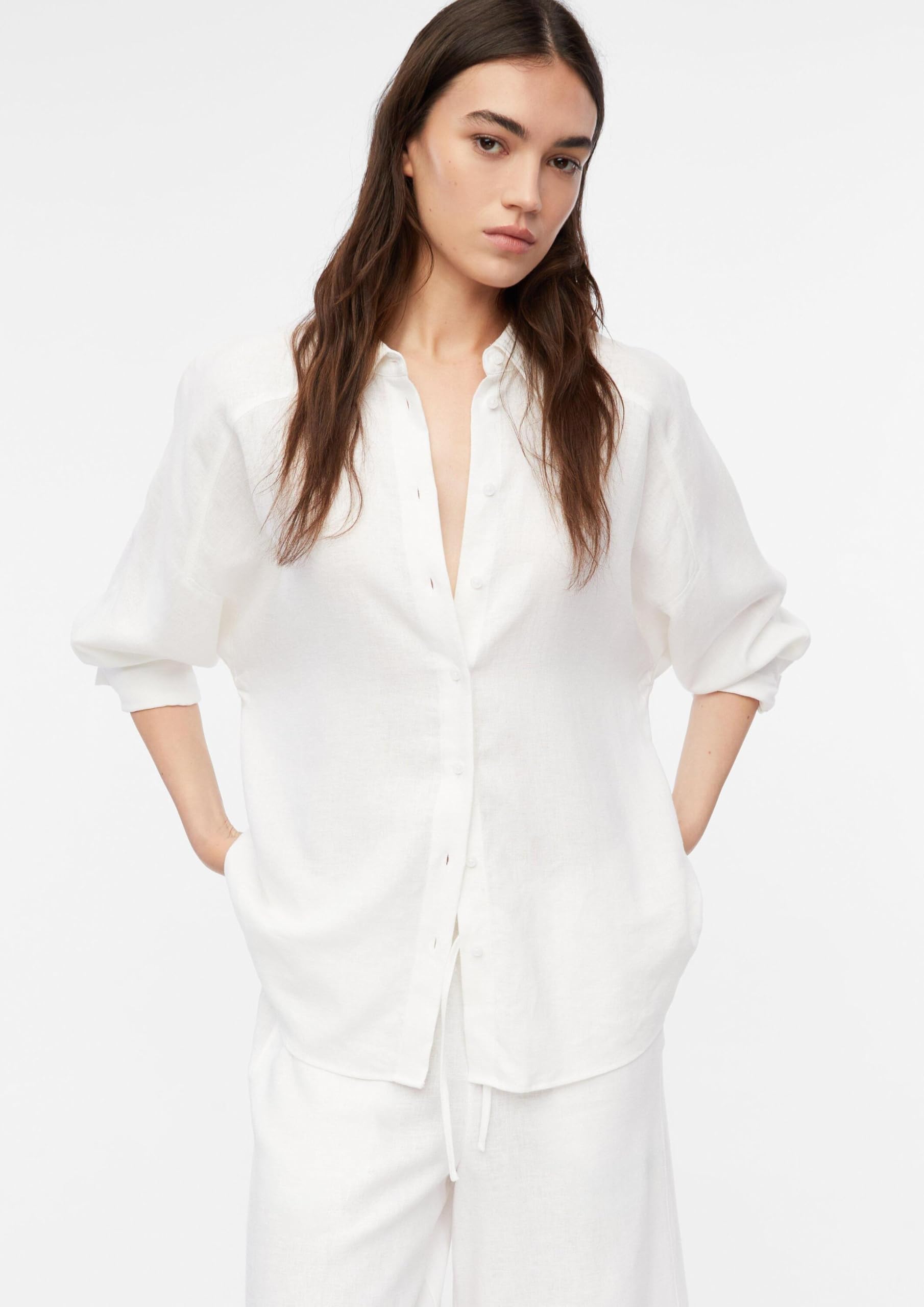 Comma Damen Bluse aus Leinenmix – Relaxed Fit, Fledermausärmel, durchgeknöpft