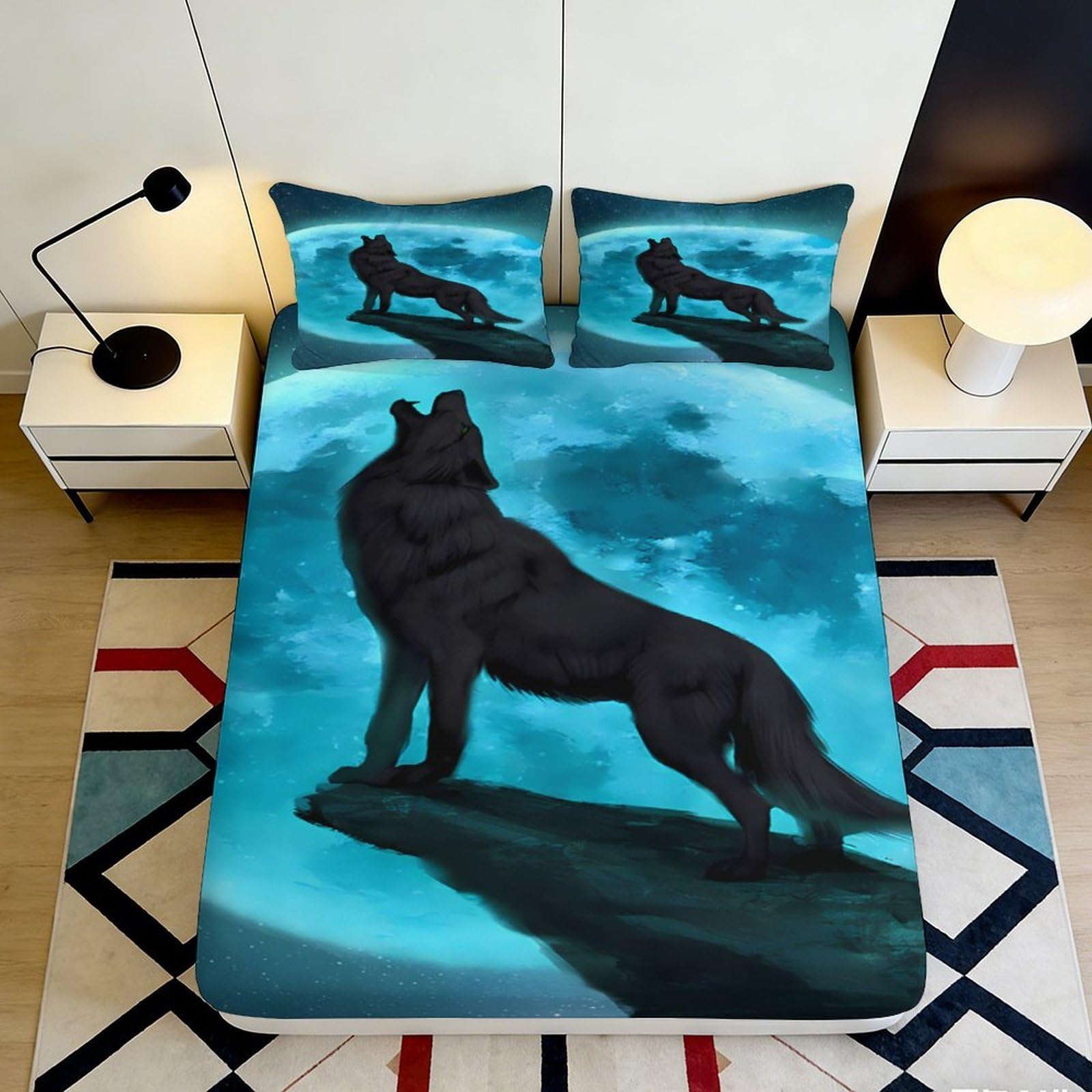 Pnayamiorkfel Style-6 3D Printed Black Wolf Moon Fitted Sheet Microfiber Non-Slip Bed Cover For Bedroom Dorm Easy Care Mattress Protector 90X200x25cm