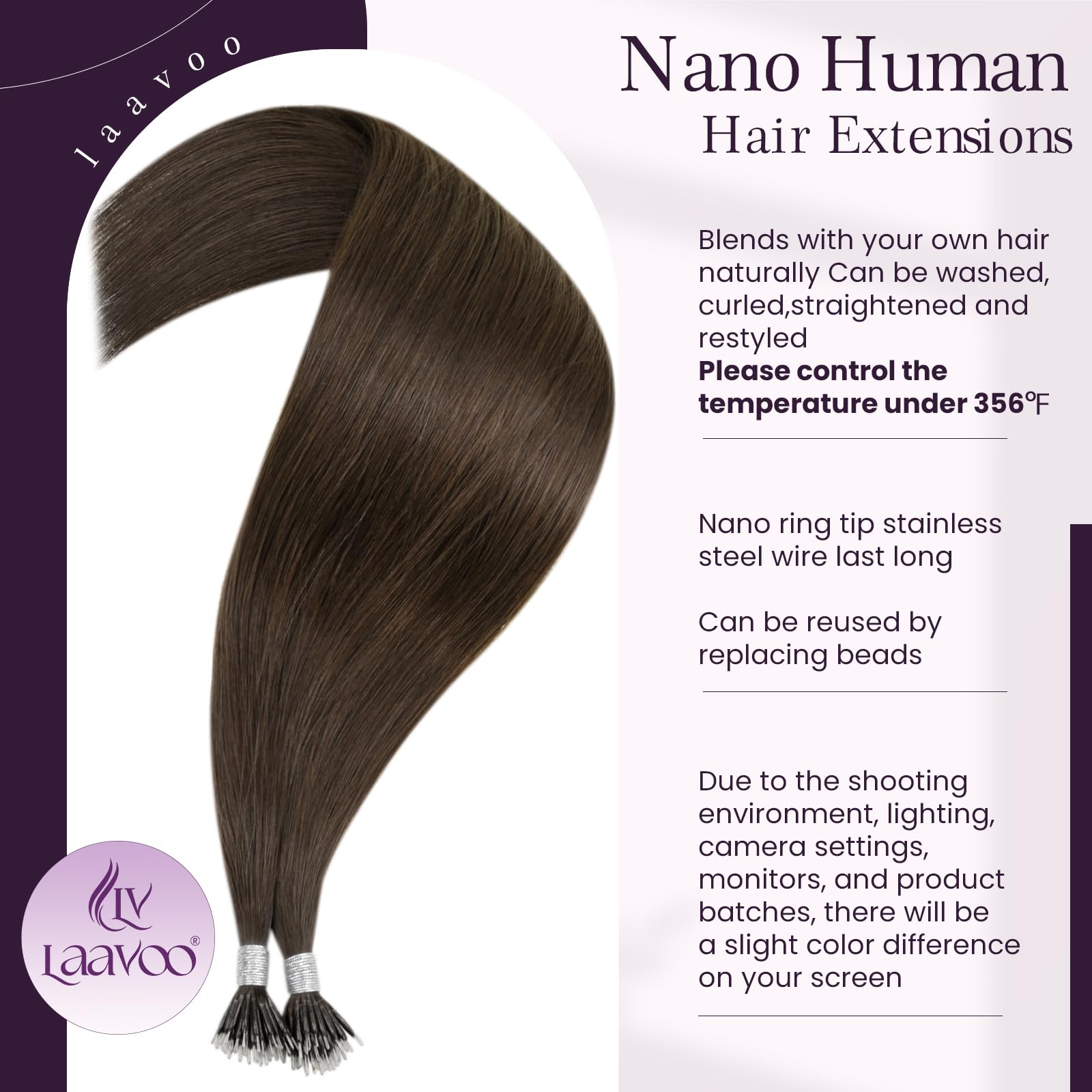 LaaVoo Nano Hair Extensions Real Human Hair Dark Brown Nano Beads Hair Extensions Invisible Nano Ring Straight Remy Hair 50g 50s 14 Inch #4 - Image 4