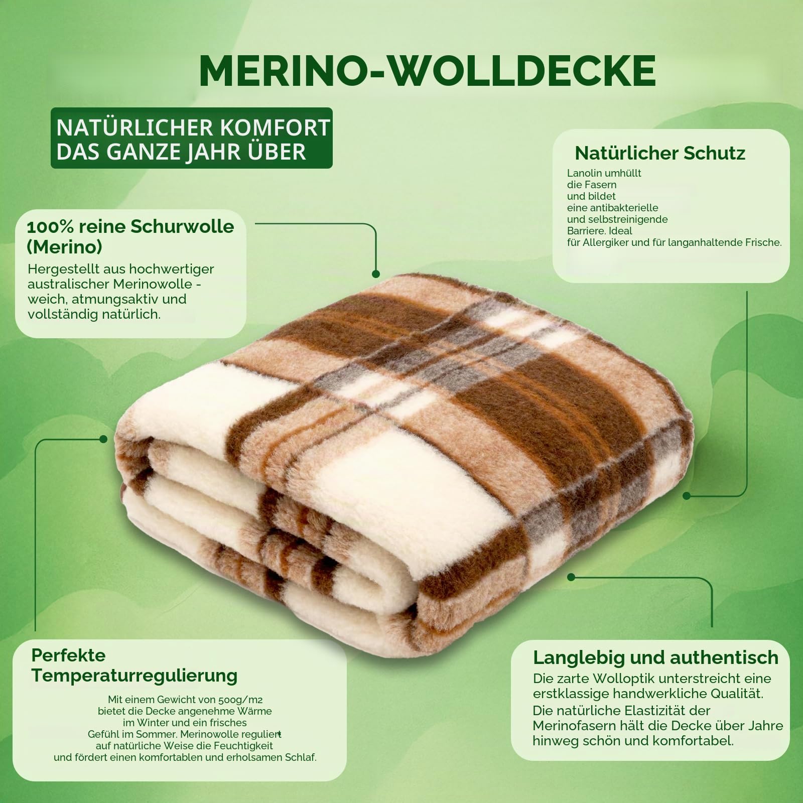 Merino Wolldecke Schurwolle 160x200 cm - Kuscheldecke aus 100% Merino Schafwolle - Groß und Flauschige Decke Wolle - Gewicht 500g/m2 - Atmungsaktives Material