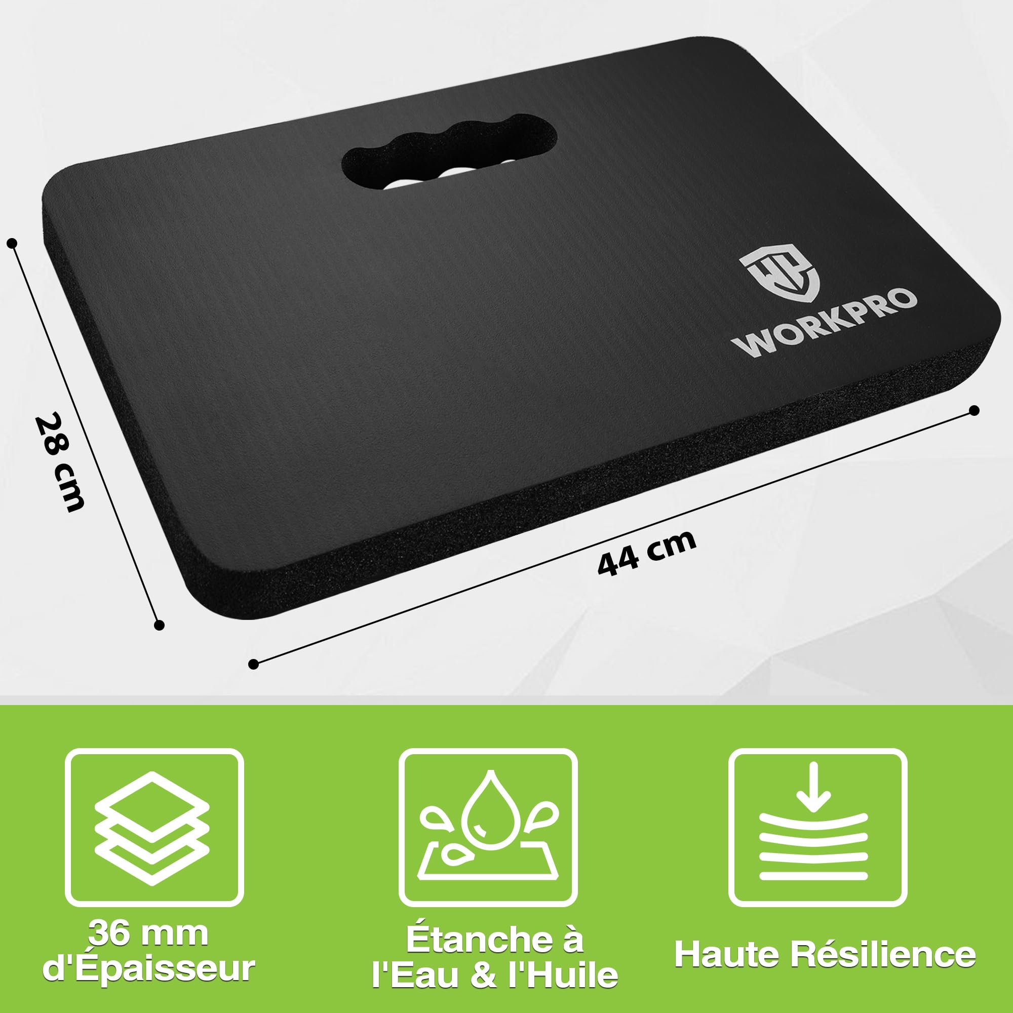 WORKPRO Coussins de Genoux de Jardinage 2 Pièces, Genouillère Travail Noir, Tapis Jardin Extérieur, Tapis Extra Épaisse pour Jardin, Bain Bébé, Yoga et Travail, 44 x 28 x 3,6 cm