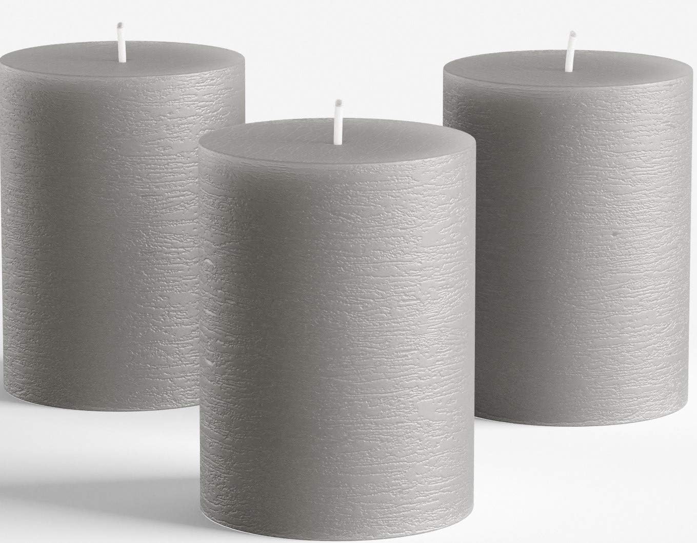 Melt Candle Company Set of 3 Pillar Candles 3" x 4" Unscented Handpoured Weddings, Home Decoration, Restaurants, Spa, Church Smokeless Cotton Wick - Grey