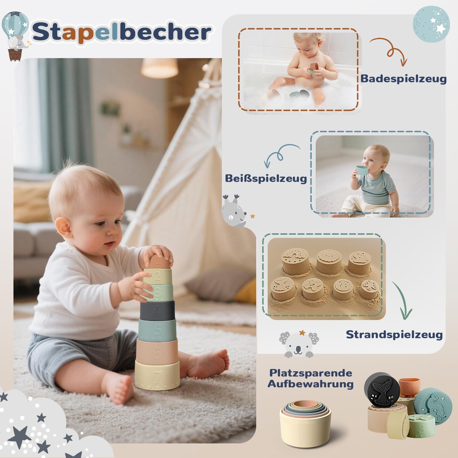 Baby Spielzeug ab 6 Monate,5 in 1 Montessori Spielzeug Baby,Motorikspielzeug mit Formensortier- und Stapelspielzeug,Xylophon,Silikon Zugschnur Spielzeug,Stapelbecher,Geschenk Junge Mädchen