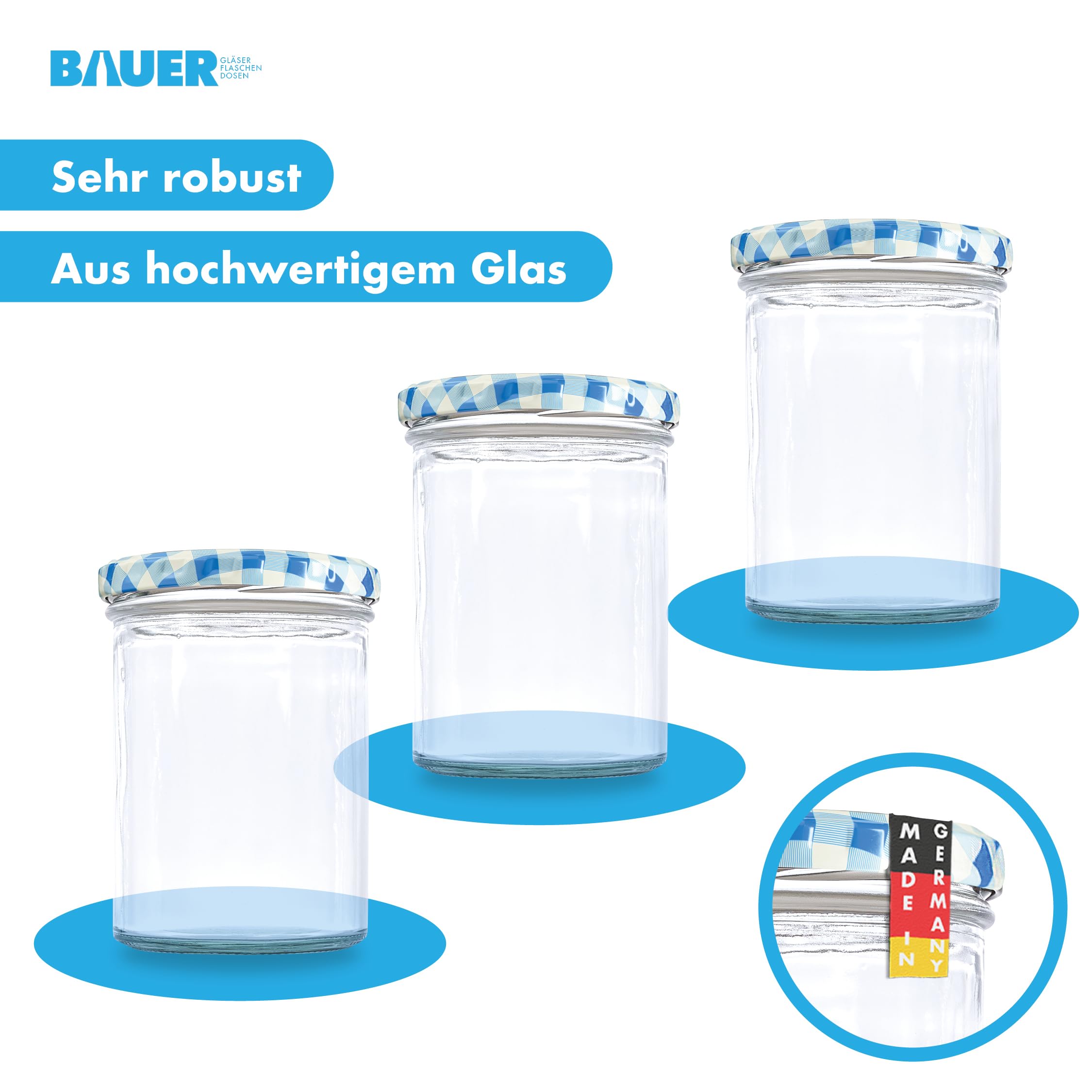 flaschenbauer.de 48er Set Sturzgläser 430 ml inkl. Twist Off Deckel TO82 zum Einmachen von Suppen (Deckel Blau, TO82)