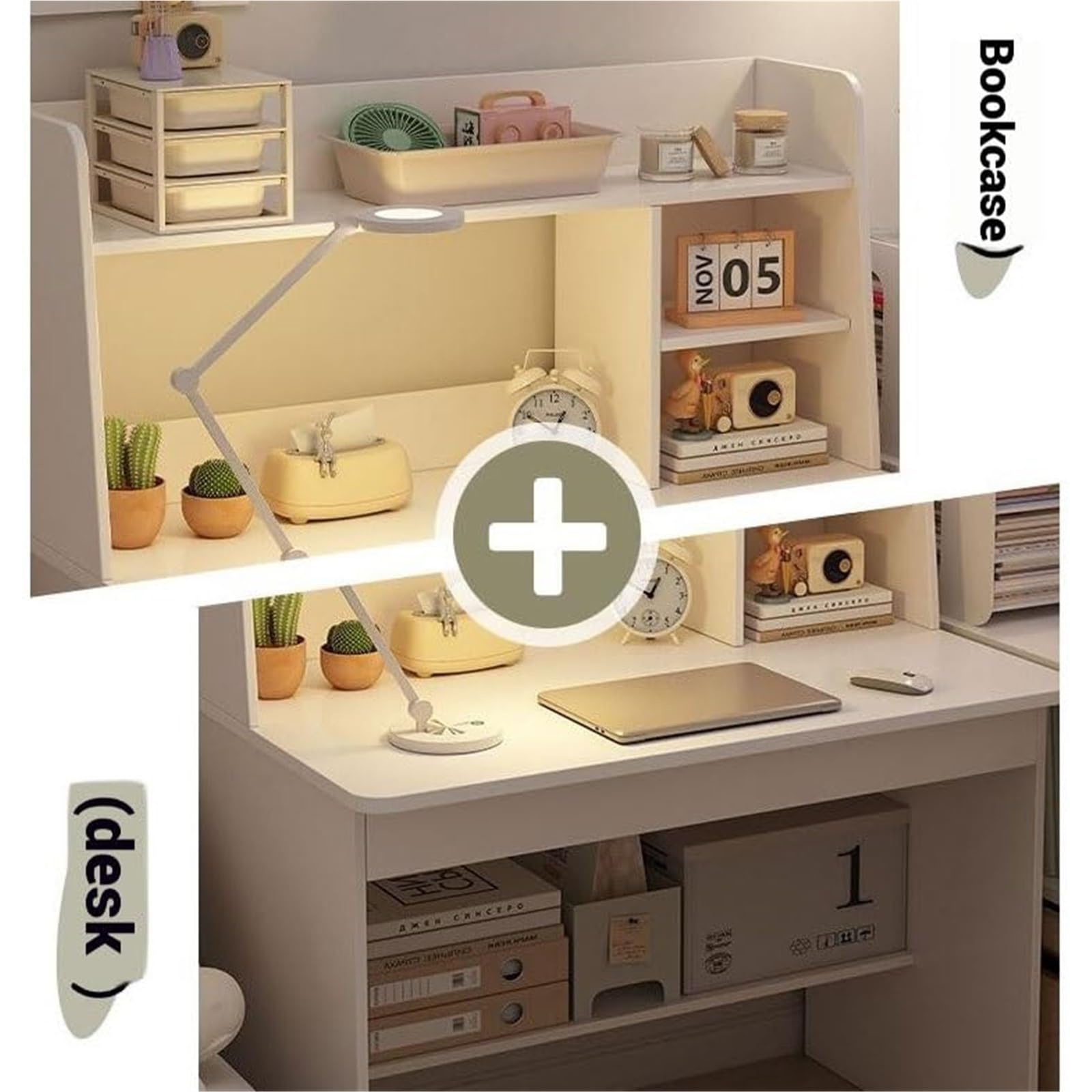 Escritorio Infantil Rosa con Estantería y Cajón, Mesa de Estudio Compacta con Armario y Baldas, Ordenador para Niños y Adolescentes, Mueble de Estudio que Ahorra Espacio para Dormitorio o Habitación