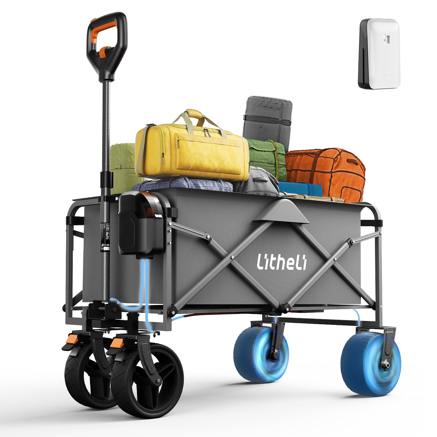 LiTHELi Carretilla de mano plegable eléctrica con motor y frenos, 100 l y 50 kg, ideal para camping, jardín, playa, compras (gris, W1 Go con 1 batería)