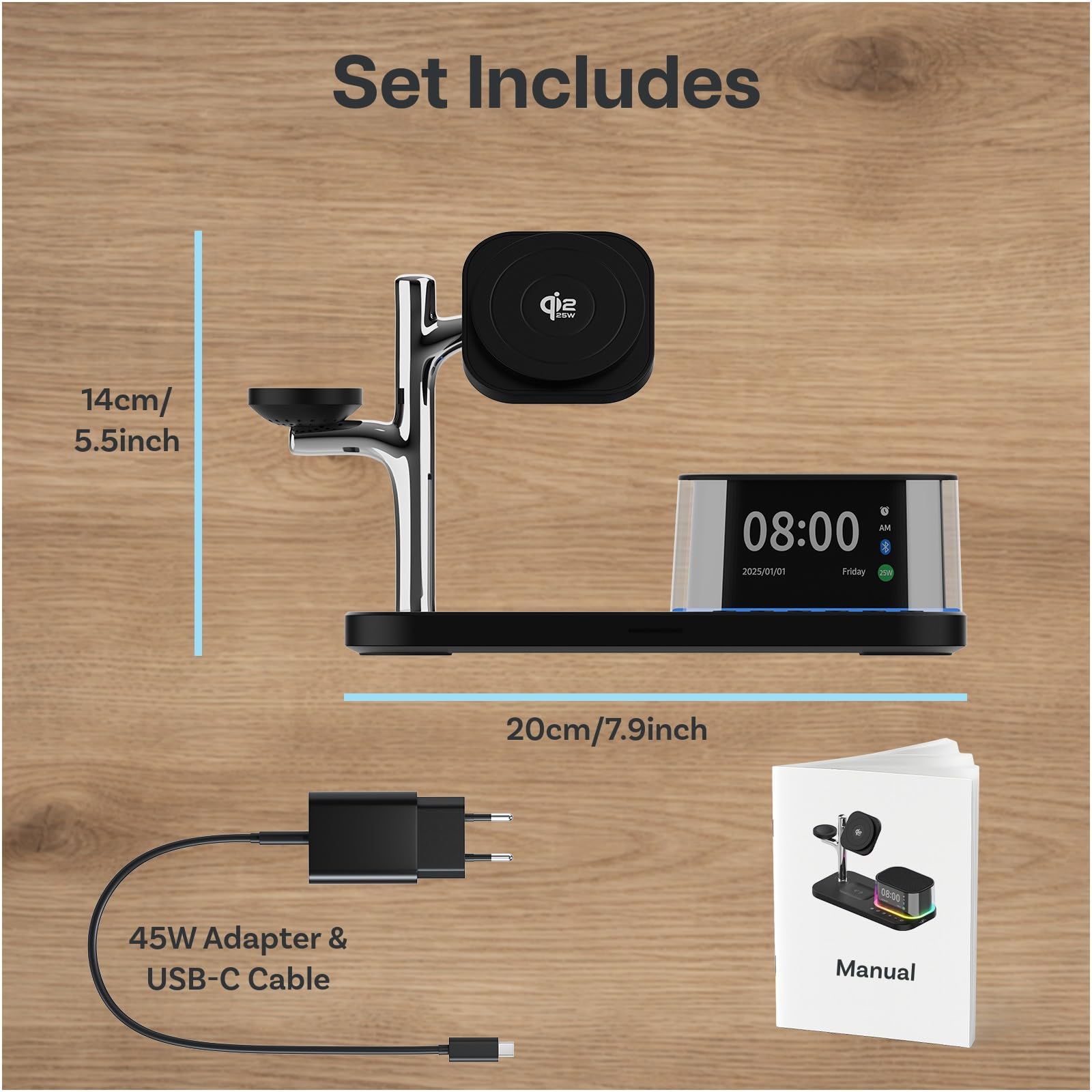 Ładowarka Bezprzewodowa 5 w 1 z Budzikiem, Głośnikiem Bluetooth i Lampką Nocną LED do MagSafe by MMOBIEL – Magnetyczna Stacja Ładująca Qi2.2 25W do iPhone, Apple Watch i AirPods – Czarny