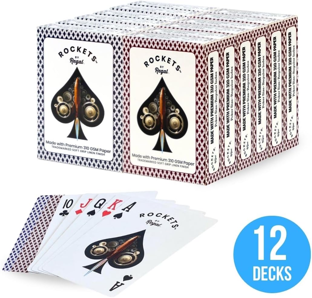 Regal Games [12 Decks] Rockets Bulk Playing Cards Set for Adults & Professionals - 310 GSM Linen Finish - Poker Cards for Blackjack, Euchre, Canasta - Casino Grade, Travel & Game Night Cards