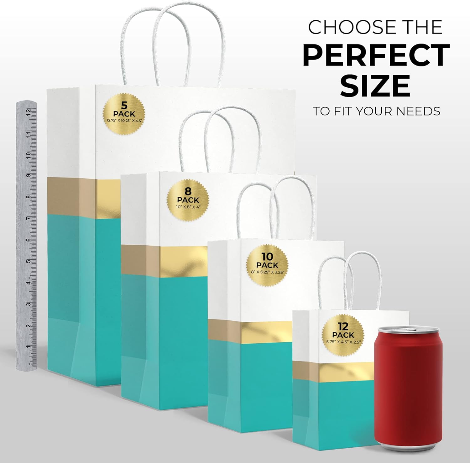 HOUMY Designer Paper Gift Bags with Handles - Reflective Gold Stripe Design - Reinforced Base - Luxury Gift Box for Wedding, Birthday & Bachelorette Party for Women - Medium (8x5.25x3.25) Teal 10Pack