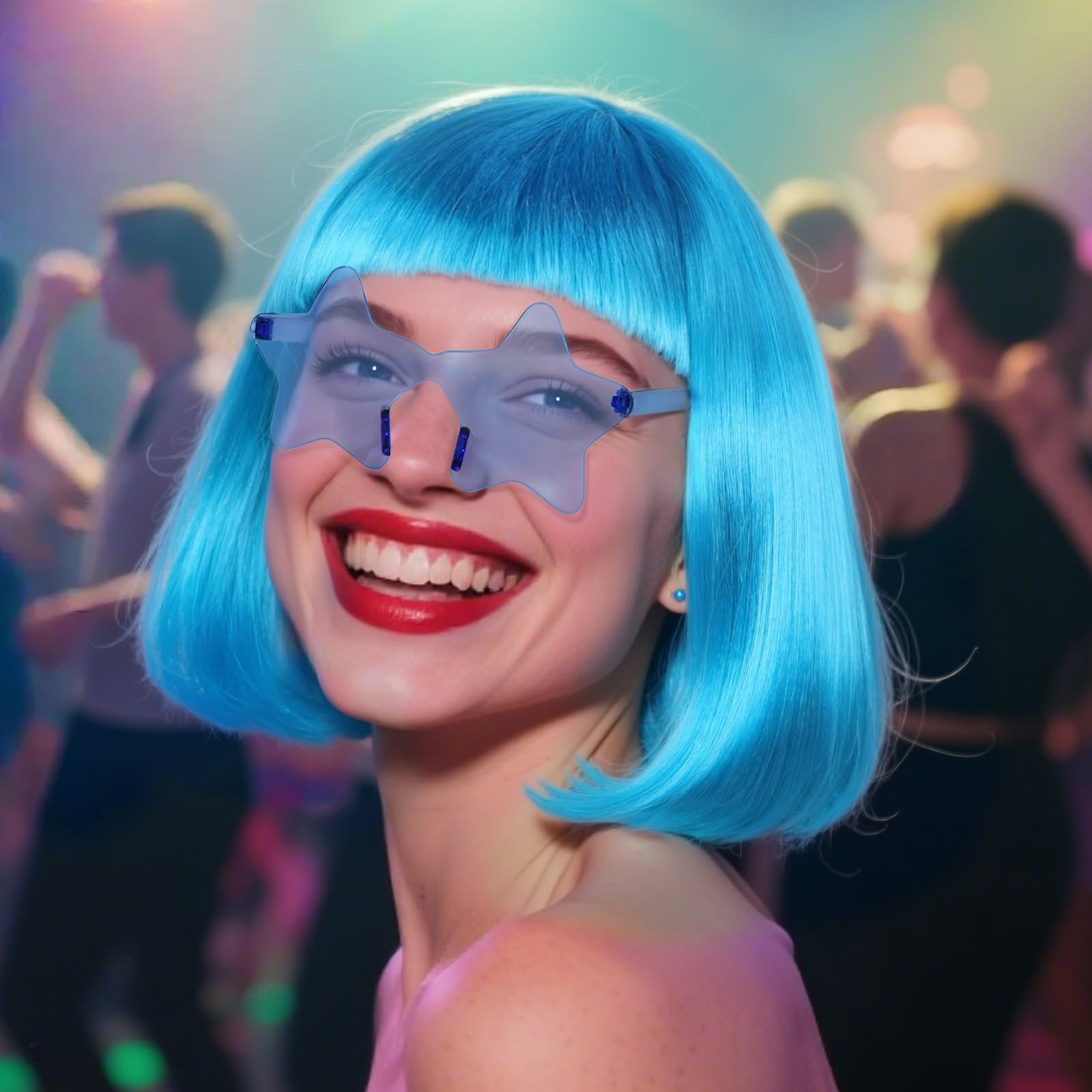 BEKIDER Light Blue Bob Wig (1 Pair of Glasses+ 1 Hair Cap) Colored Wigs Party Outfit Colorful Bob Wig with Bangs Funny Wigs Mardi Gras Costume Blue Synthetic Hair for Halloween - Image 3