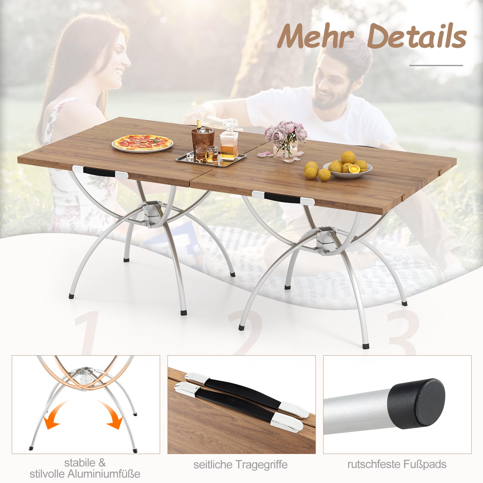 COSTWAY 2er Set Campingtisch klappbar, ausziehbarer Klapptisch mit Aluminiumgestell & Holzoptik, Falttisch mit Tragetasche, für Wandern, Picknick, Camping