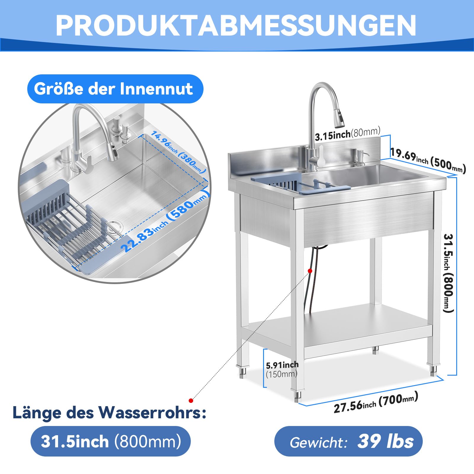 RiveraSink Spültisch Edelstahl Freistehend 70×50×80 cm, 1 Becken mit ausziehbarem Wasserhahn & Spritzschutz – Gastro Spüle mit Ablaufset und Ablagekorb für Küche, Garten & Außenbereich