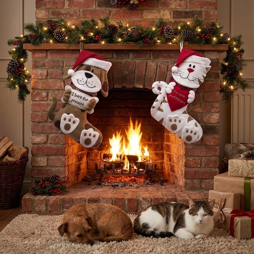 Valery Madelyn Chaussette de Noël en forme de chat rayé de 53,3 cm, mignonne peluche personnalisée pour cheminée rouge et blanc pour animaux de compagnie pour fêtes de vacances, décorations de Noël et