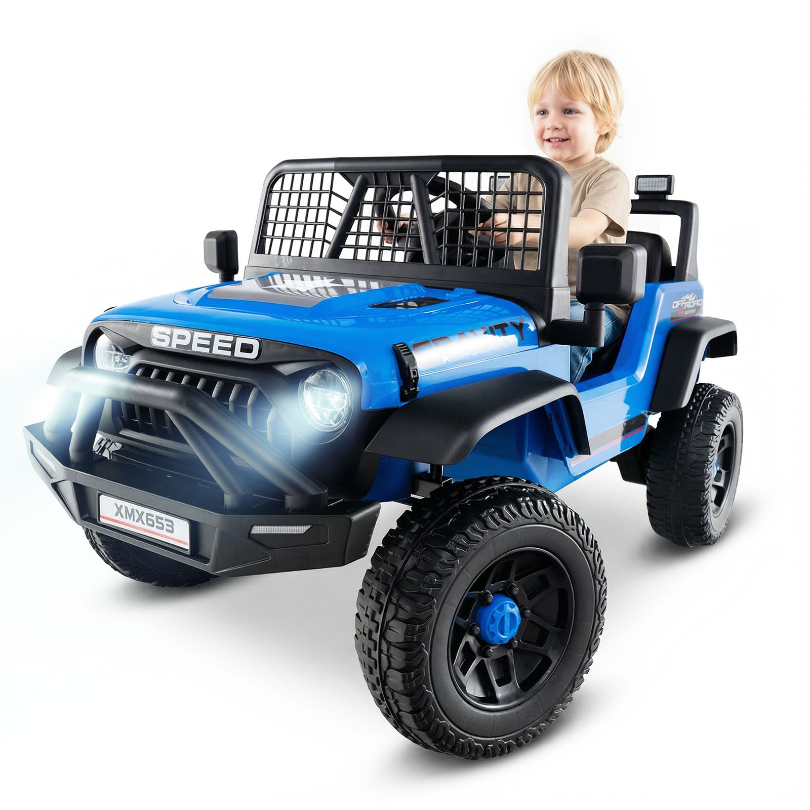 OLAKIDS 24V Ride on Car with Remote Control, Bluetooth, LED Lights, Horn, Spring Suspension, High/Low Speeds, Soft Start for Kids Aged 3+ (Blue)