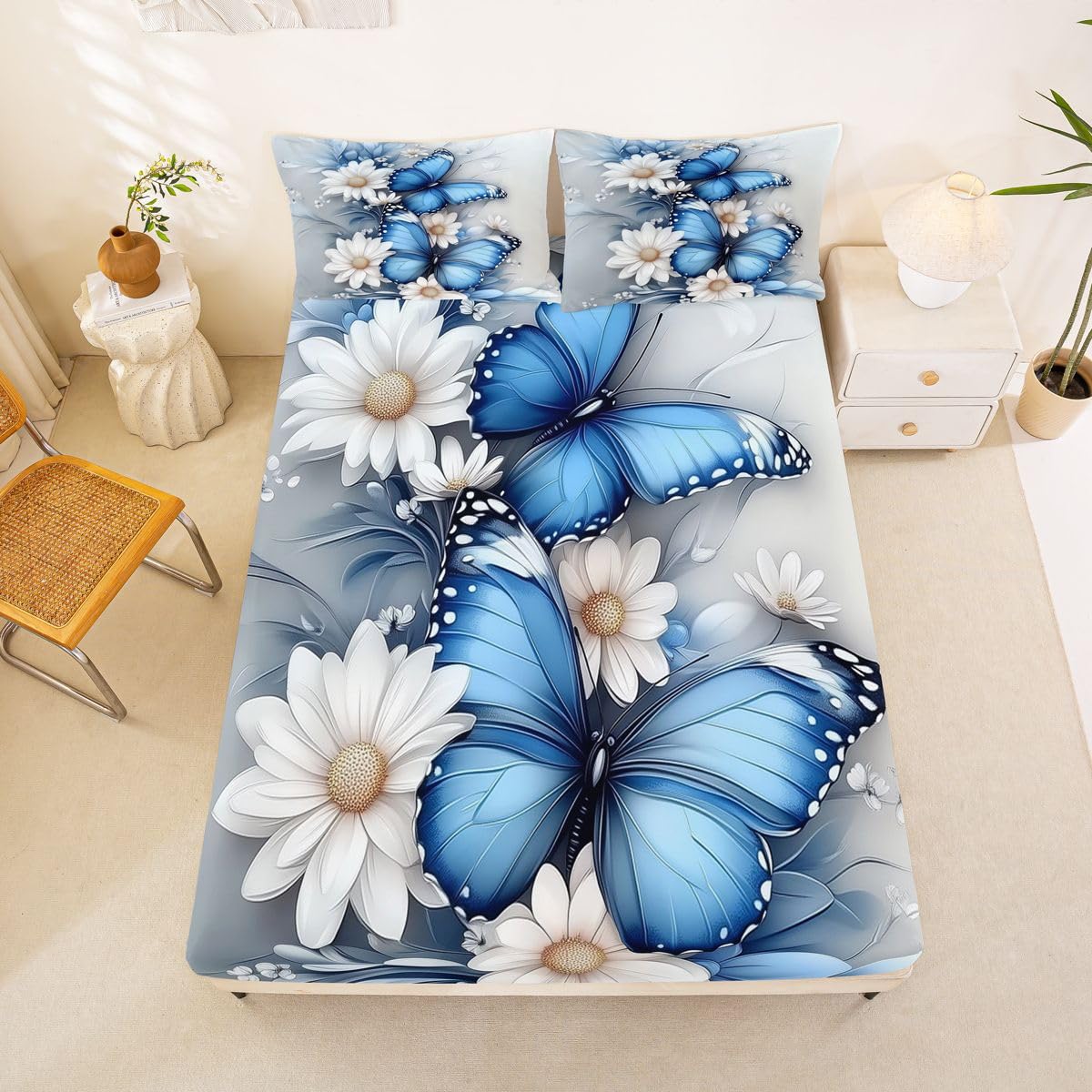 Manfei Juego de sábanas bajeras de 3 piezas, diseño botánico de flores florecientes, estilo rústico de granja con 2 fundas de almohada, decoración de habitación de niños y niñas, ropa de cama suave