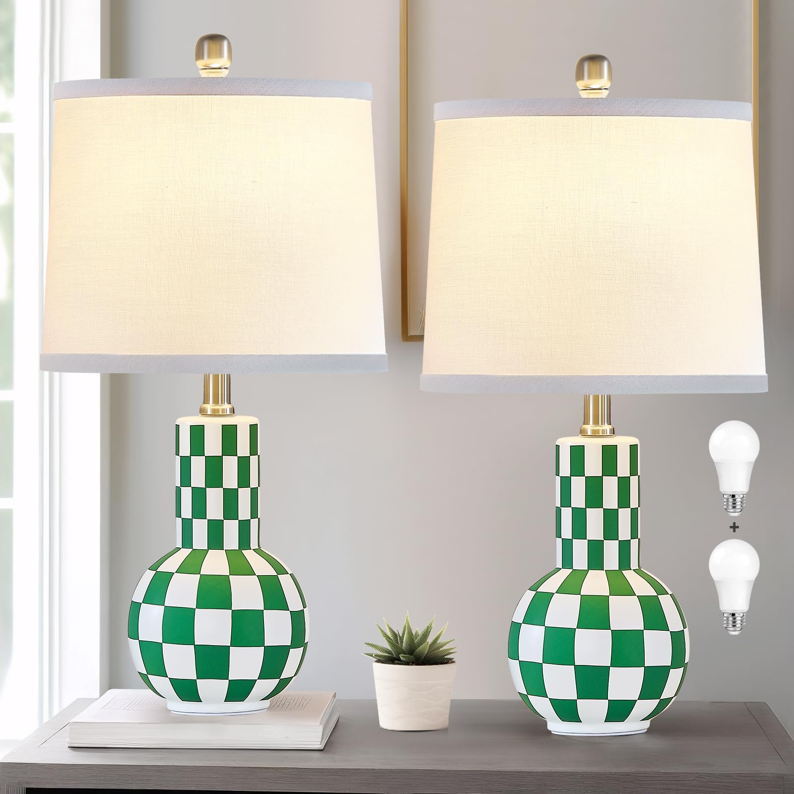 Table Lamps Set of 2-21" Modern Table Lamp - Bedside Lamps - 3-Color Temperature Vintage Ceramic Table Lamp for Bedroom, Living Room, Nightstand, Office, Reading, Green, Included Bulbs