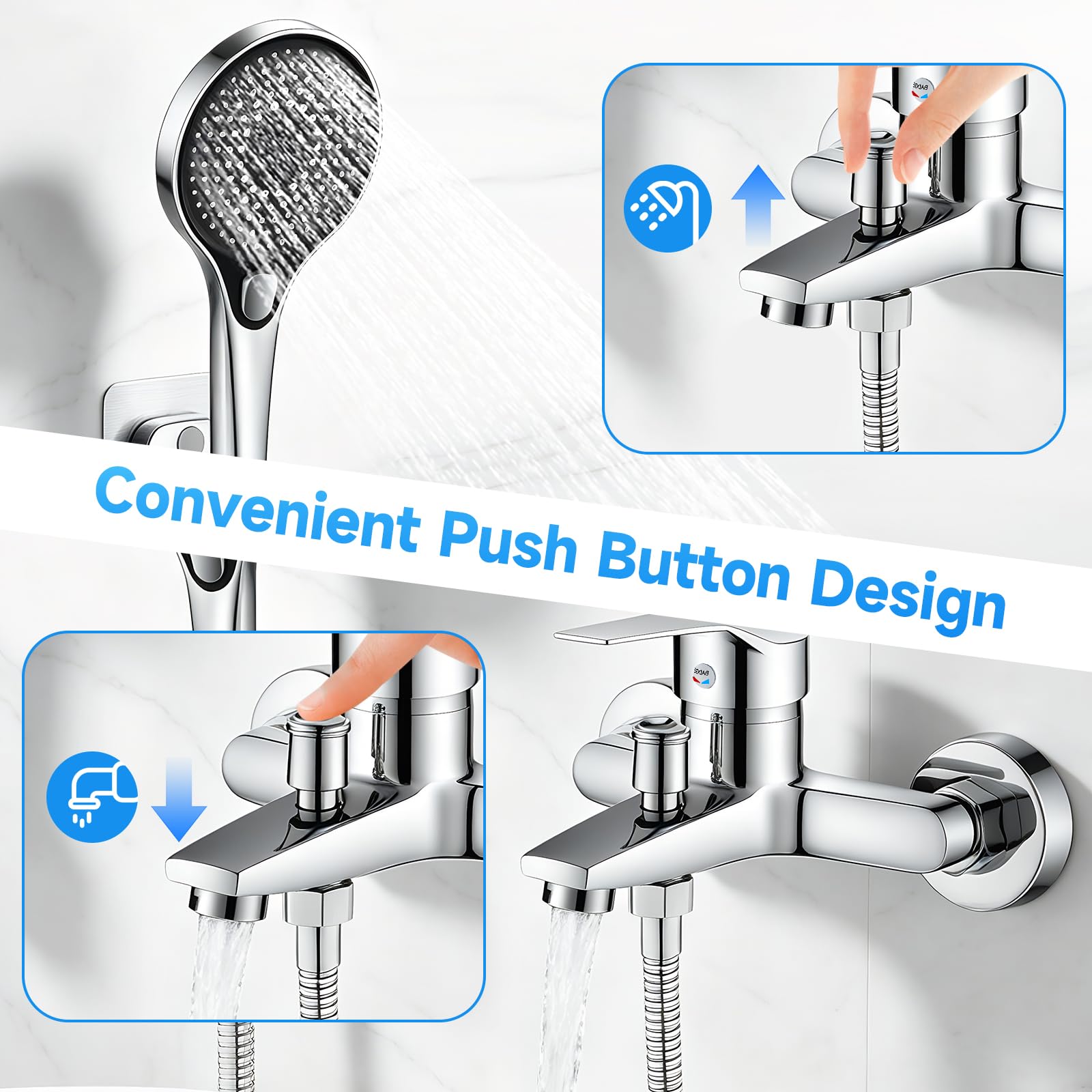 Grifo de bañera con ducha de mano, Grifo Ducha Monomando Mezclador Ducha Montado en La Pared, grifo de ducha de latón Juego de Grifo para Bañera Incluye Soporte de Pared y Manguera de Ducha de 150cm