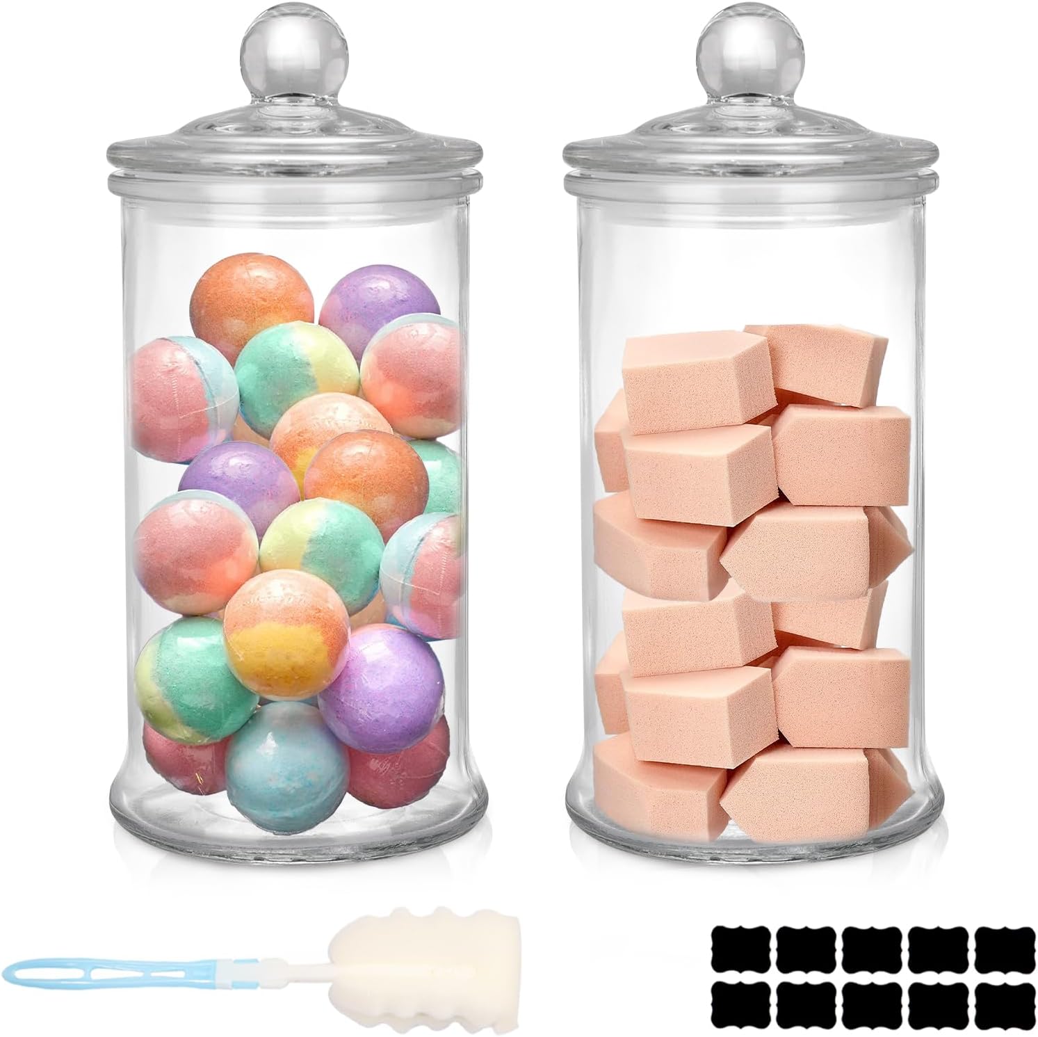 UrSpeedtekLive 2 Pack Glass Apothecary Jars with Lids, 32oz Clear Bathroom Accessories Canisters Storage Organizer, Cotton Ball Holder Containers, Glass Jars for Bathroom, Vanity, Laundry Room