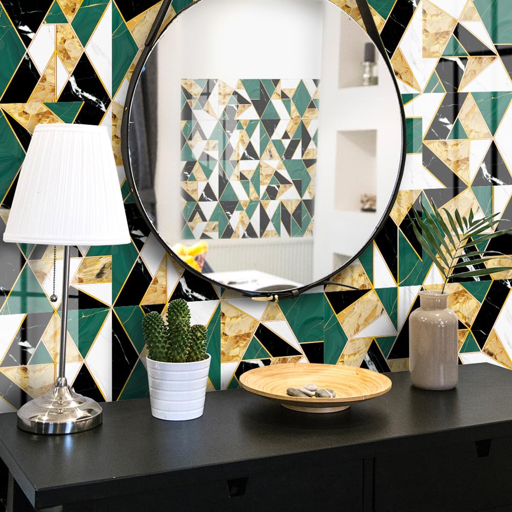 Thick Tile Stickers for Kitchen, Stick On Tiles for Bathroom Wall Self Adhesive Waterproof Vinyl Peel and Stick Wall Tiles Covers, Kitchen Splashbacks for Walls, Gem Golden Green Gorgeous