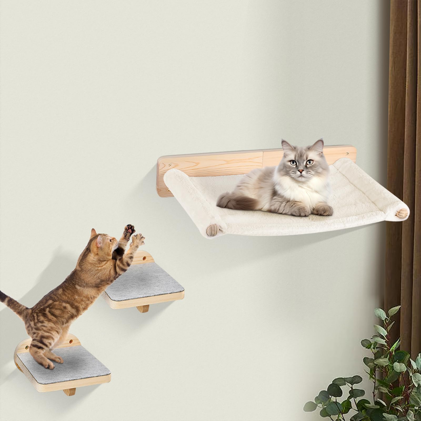 Hamac Chat Etagere Arbre a Chat Mural Mur Escalade et 2 Escalier Parcours Mur d'escalade Lit pour Chaton en Bois Lot de 3 (c)