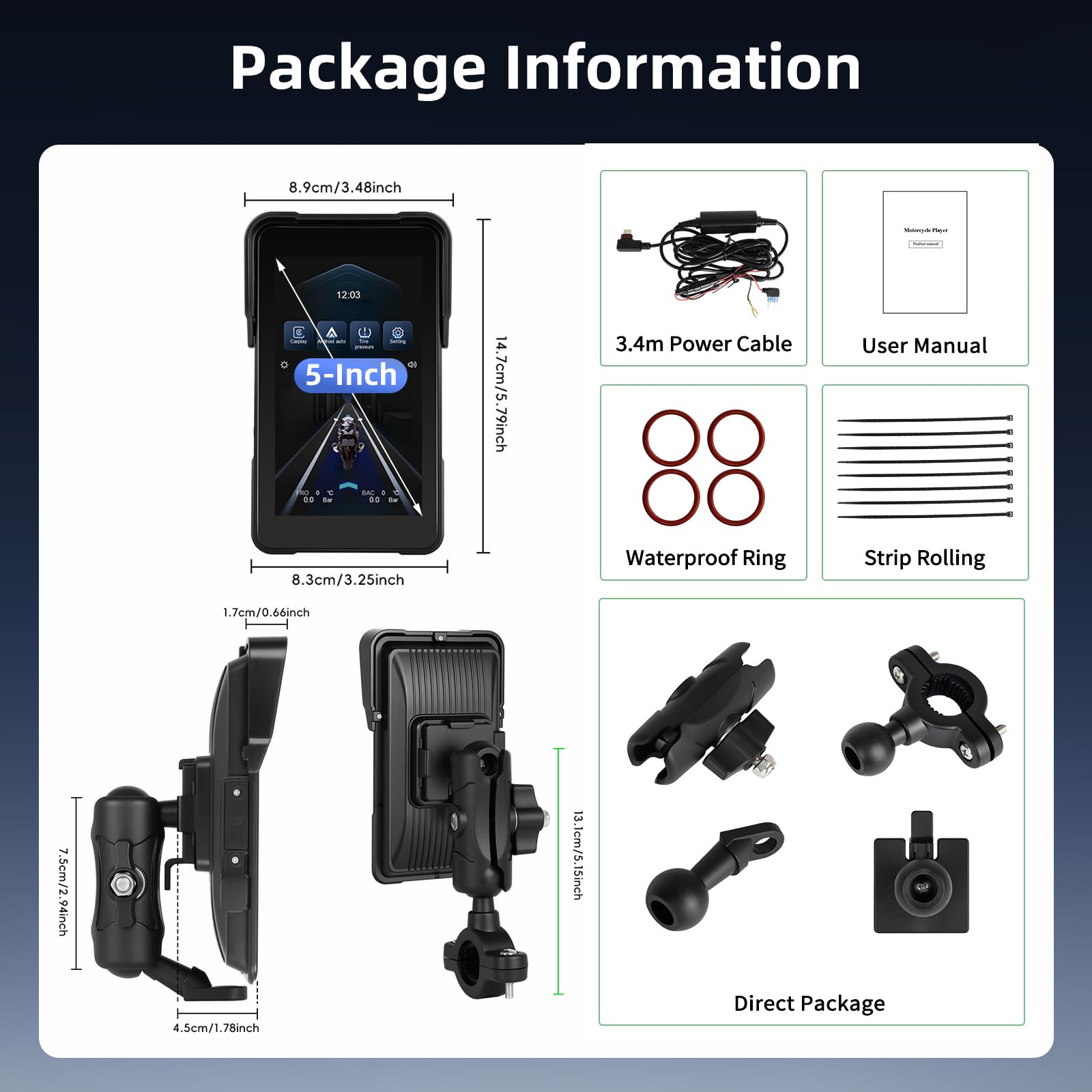 Écran Portable Carplay pour Moto, CarPlay sans Fil et Android Auto pour Moto, Écran Tactile Étanche de 5 Pouces avec Bluetooth, Navigation GPS, Siri/G00gle Assistant