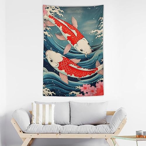 Miniatura 3 de QEOPGNE Tapiz de pared grande con diseño de pez Koi, diseño de flores de cerezo japonés, gran ondas, retro, grande, decoración de pared para