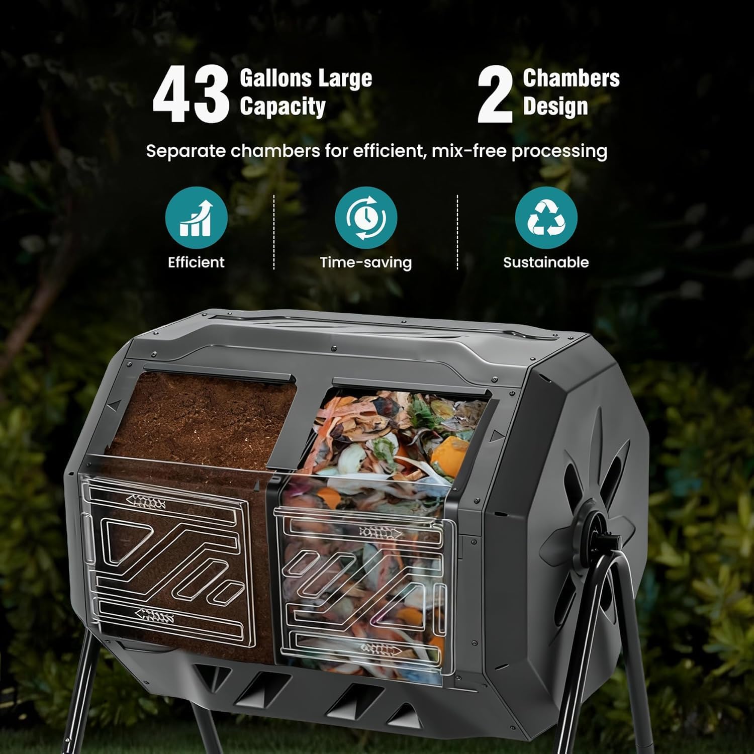 Outdoor Compost Bin 43 Gallon, Dual Chamber Tumbling Composting Bin, with 360°Rotating, Sliding Doors & Solid Steel Frame, Rotating Compost Tumbler Bin for Garden, Kitchen, and Yard Waste, Orange