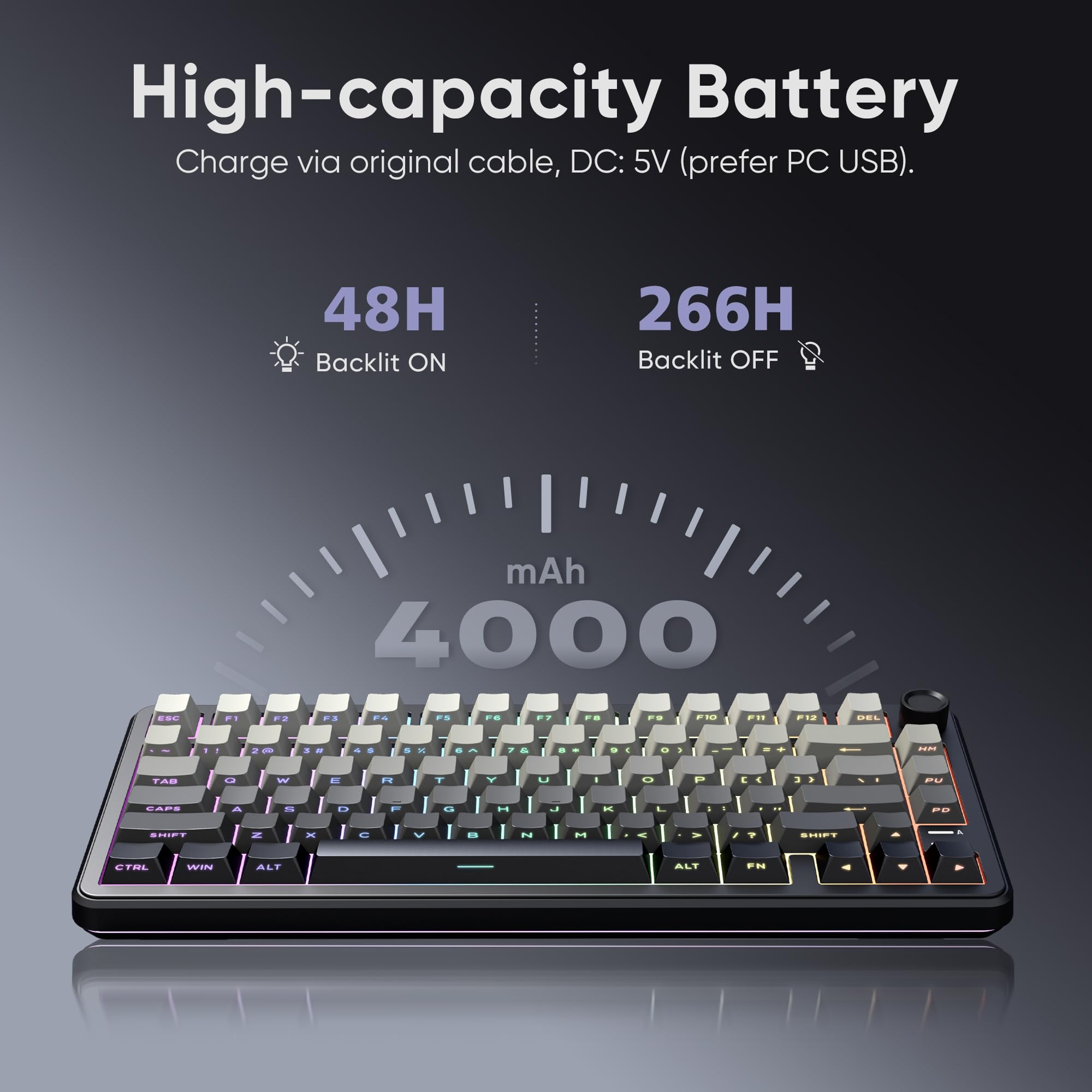 RedThunder K75 75% Wireless Mechanical Gaming Keyboard,Creamy Gasket-Mounted,Volume Knob,US Layout,Keycaps-Side Print,2.4G/BT/USB-C,RGB Underglow Lighting,Hot swappable Fast Apricot Switch for PC Mac — view 8
